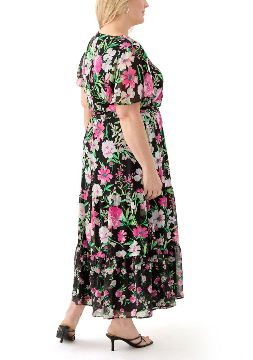 Plus Size Multi Floral Print Tiered Flutter Sleeve Dress