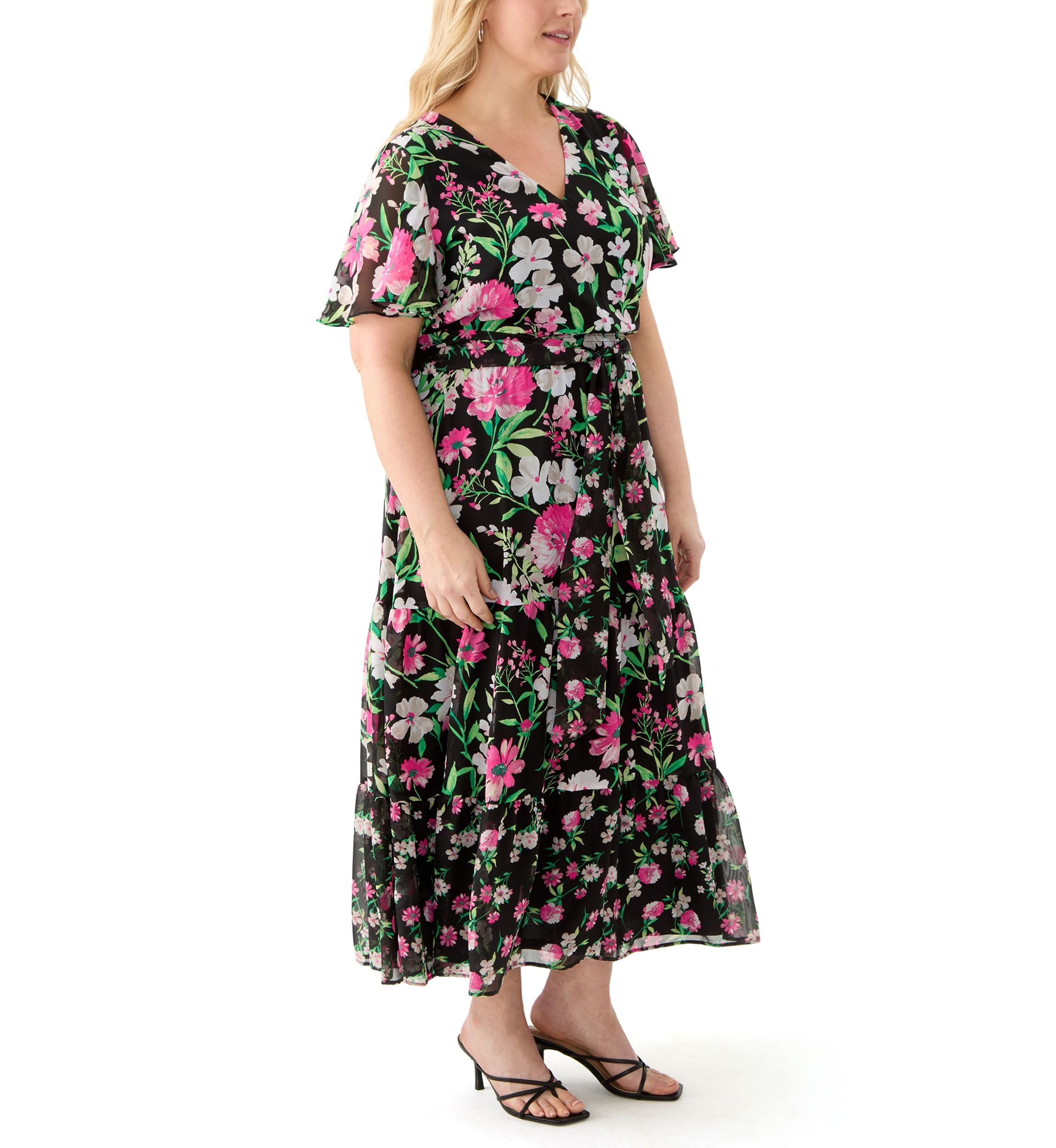 Plus Size Multi Floral Print Tiered Flutter Sleeve Dress