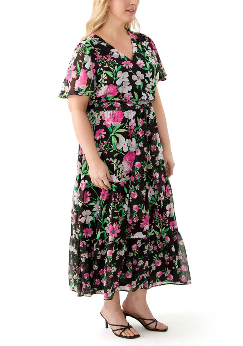 Plus Size Multi Floral Print Tiered Flutter Sleeve Dress