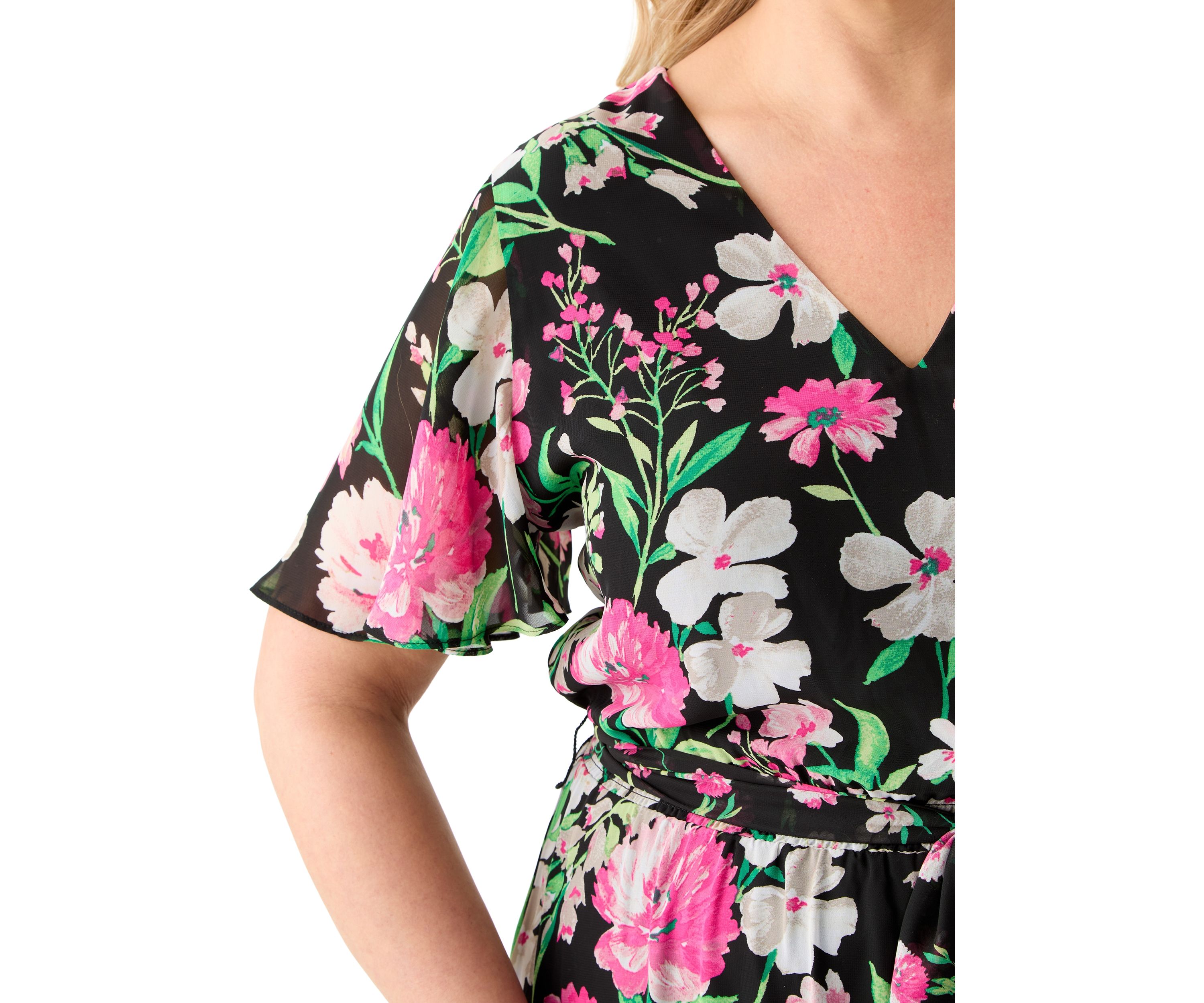 Plus Size Multi Floral Print Tiered Flutter Sleeve Dress