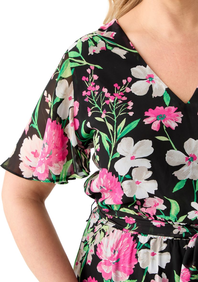 Plus Size Multi Floral Print Tiered Flutter Sleeve Dress