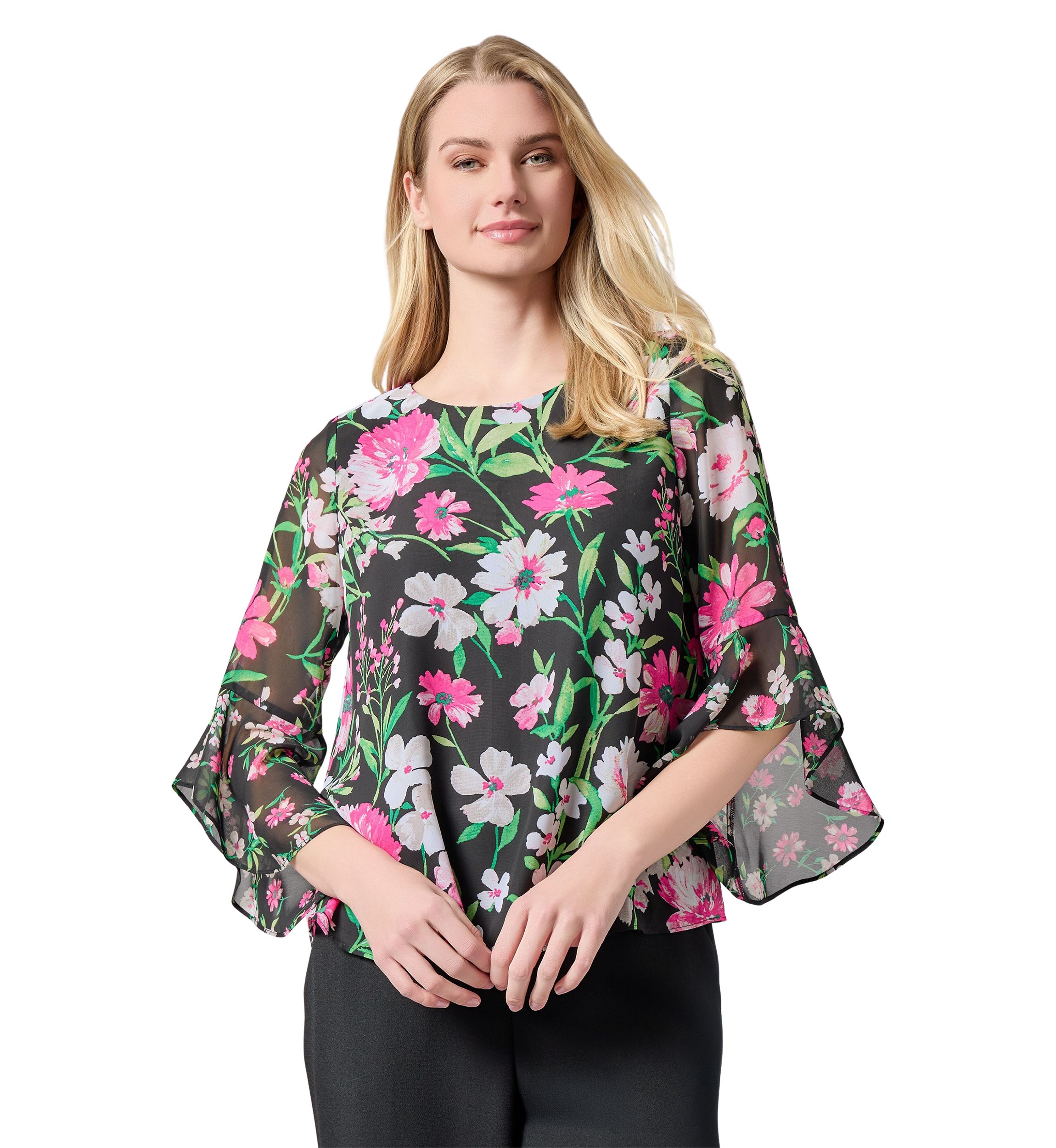 Womens Multi Floral Printed Ruffle Sleeve Blouse