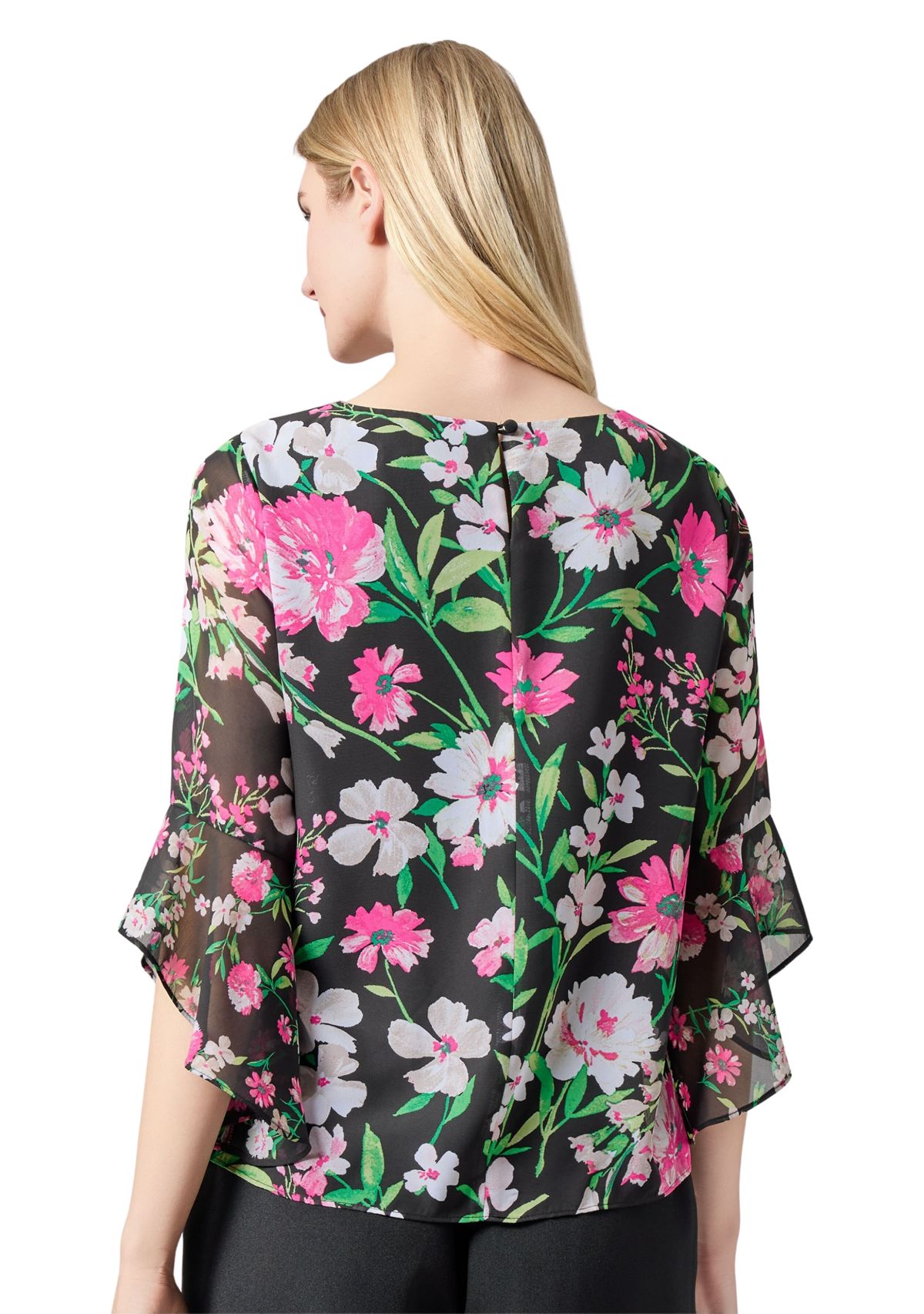 Womens Multi Floral Printed Ruffle Sleeve Blouse