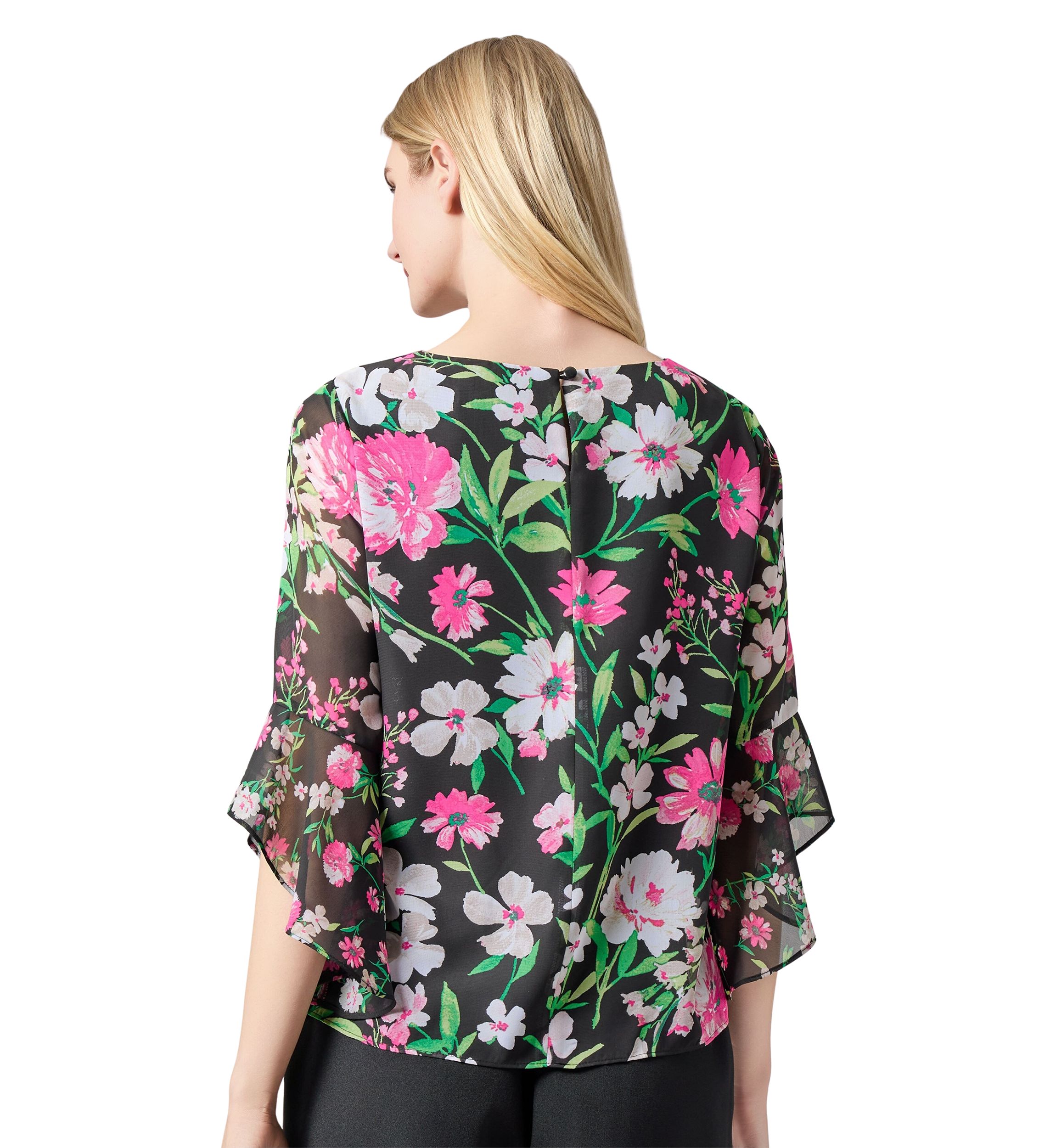 Womens Multi Floral Printed Ruffle Sleeve Blouse