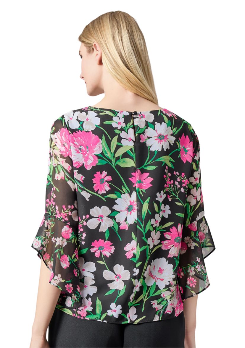 Womens Multi Floral Printed Ruffle Sleeve Blouse