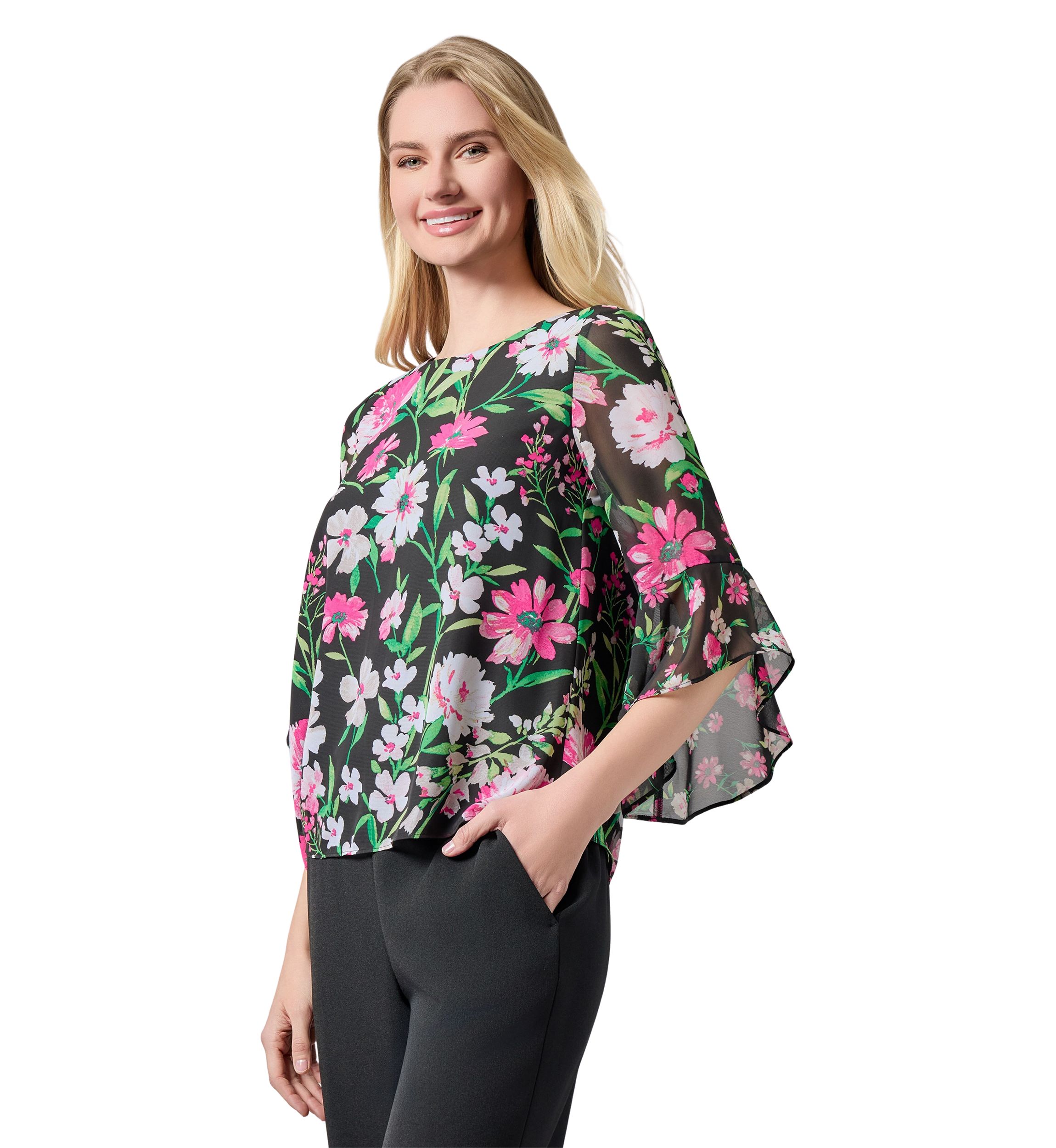Womens Multi Floral Printed Ruffle Sleeve Blouse