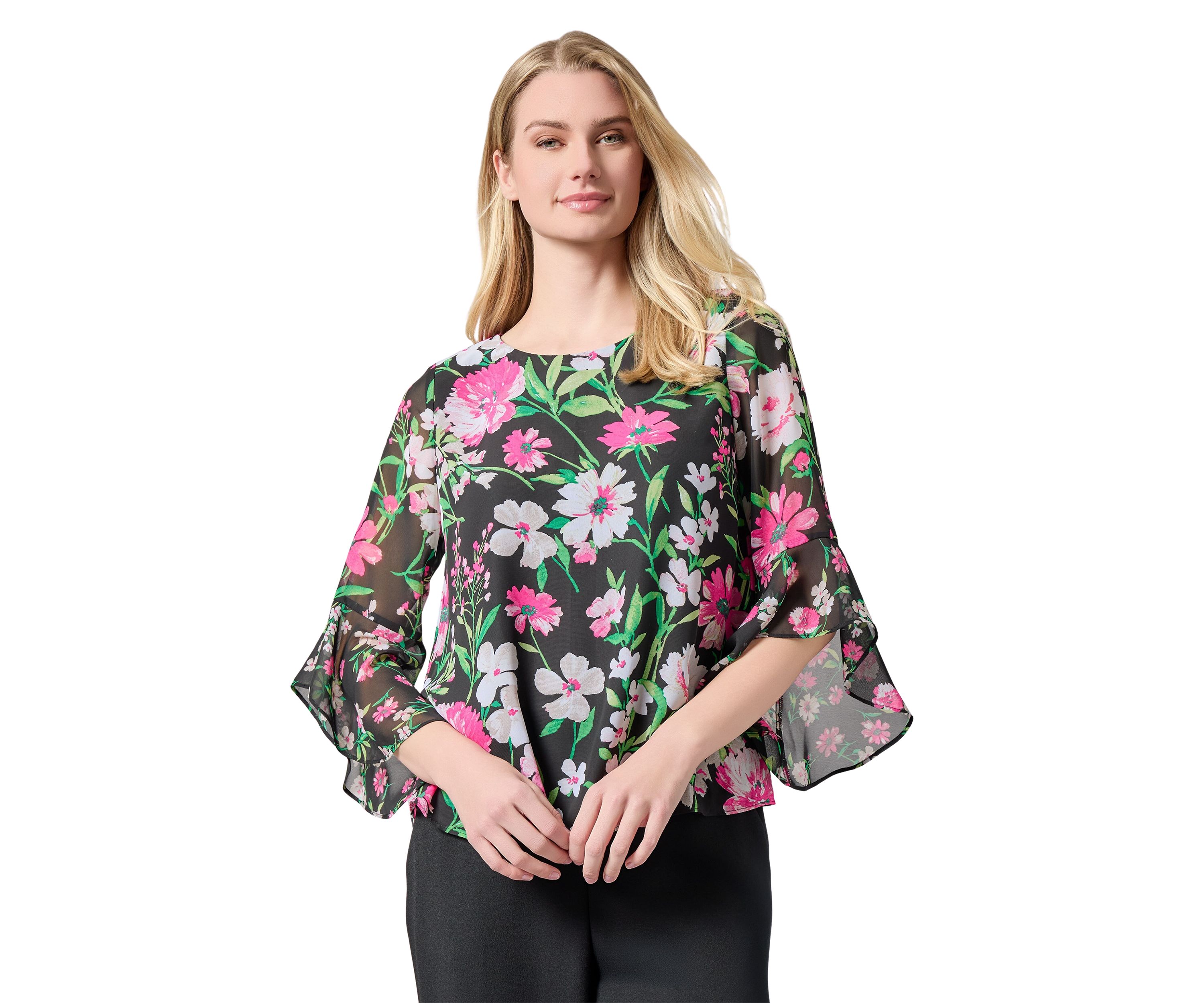 Petite Multi Floral Printed Ruffle Sleeve Blouse