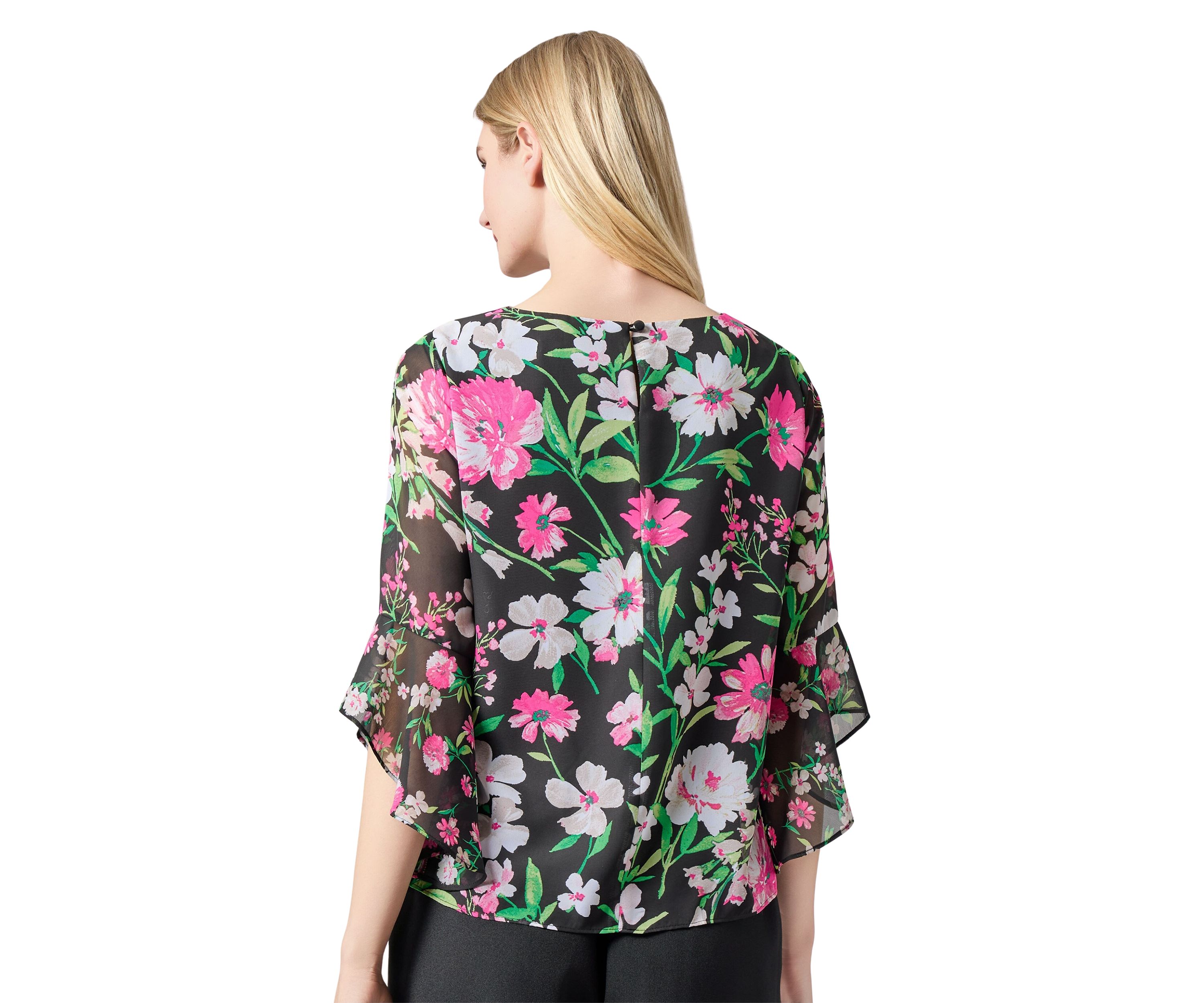 Petite Multi Floral Printed Ruffle Sleeve Blouse