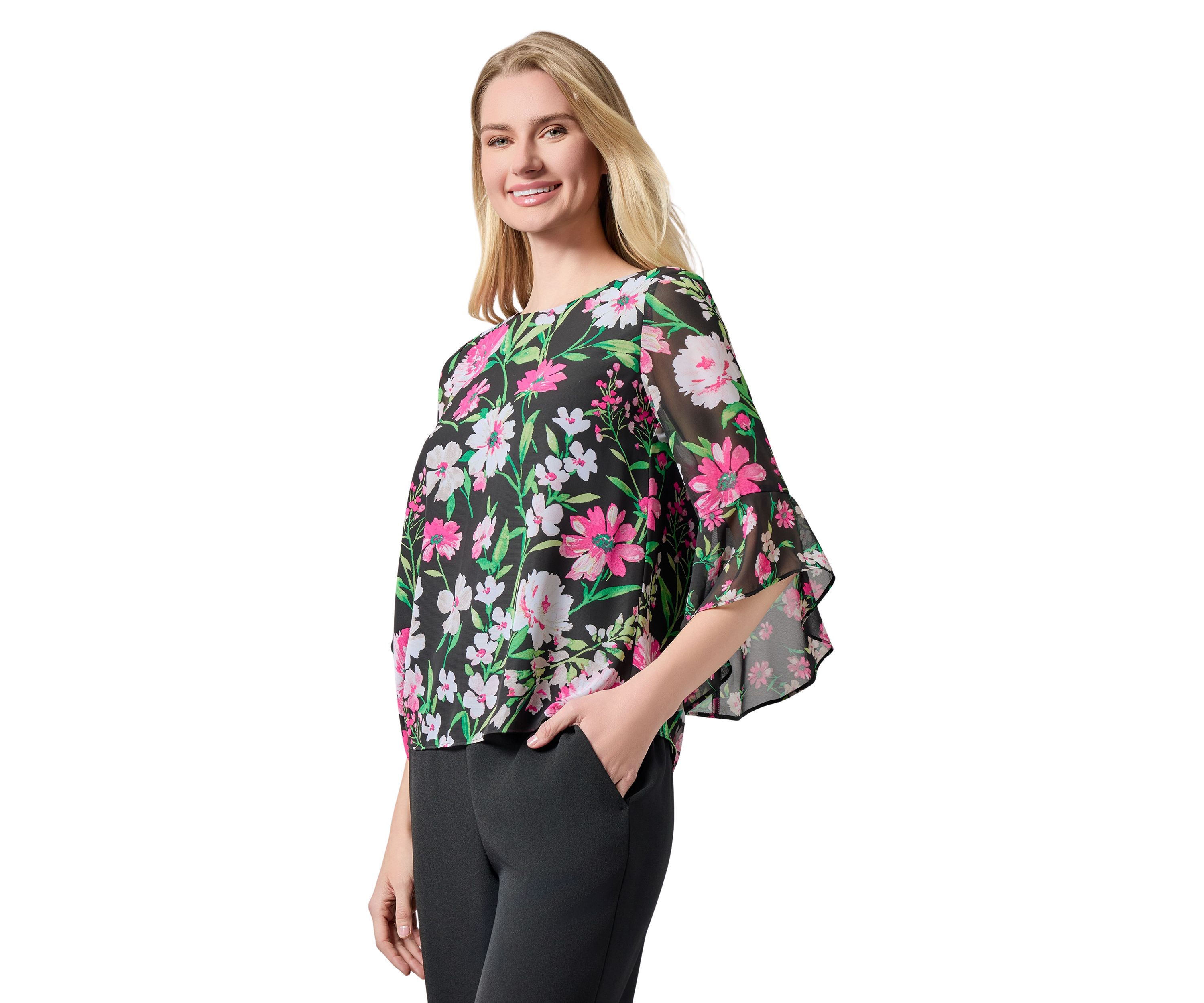 Petite Multi Floral Printed Ruffle Sleeve Blouse