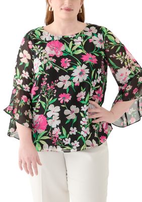 Kasper Women's Plus Size Multi Floral Print Ruffle Sleeve Blouse