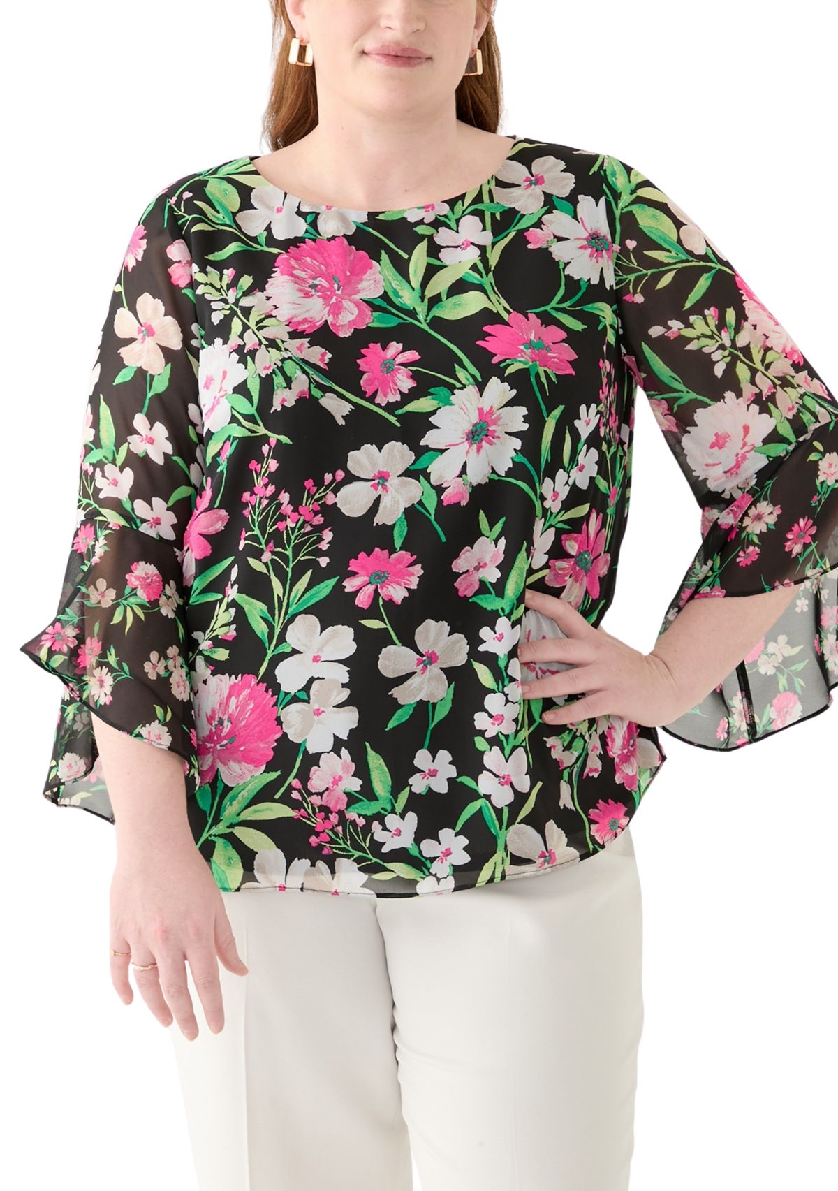 Plus Size Multi Floral Print Ruffle Sleeve Blouse 