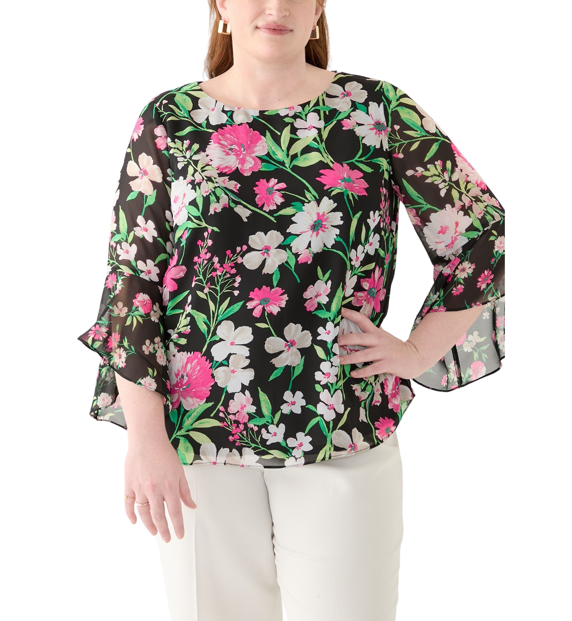 Plus Size Multi Floral Print Ruffle Sleeve Blouse 
