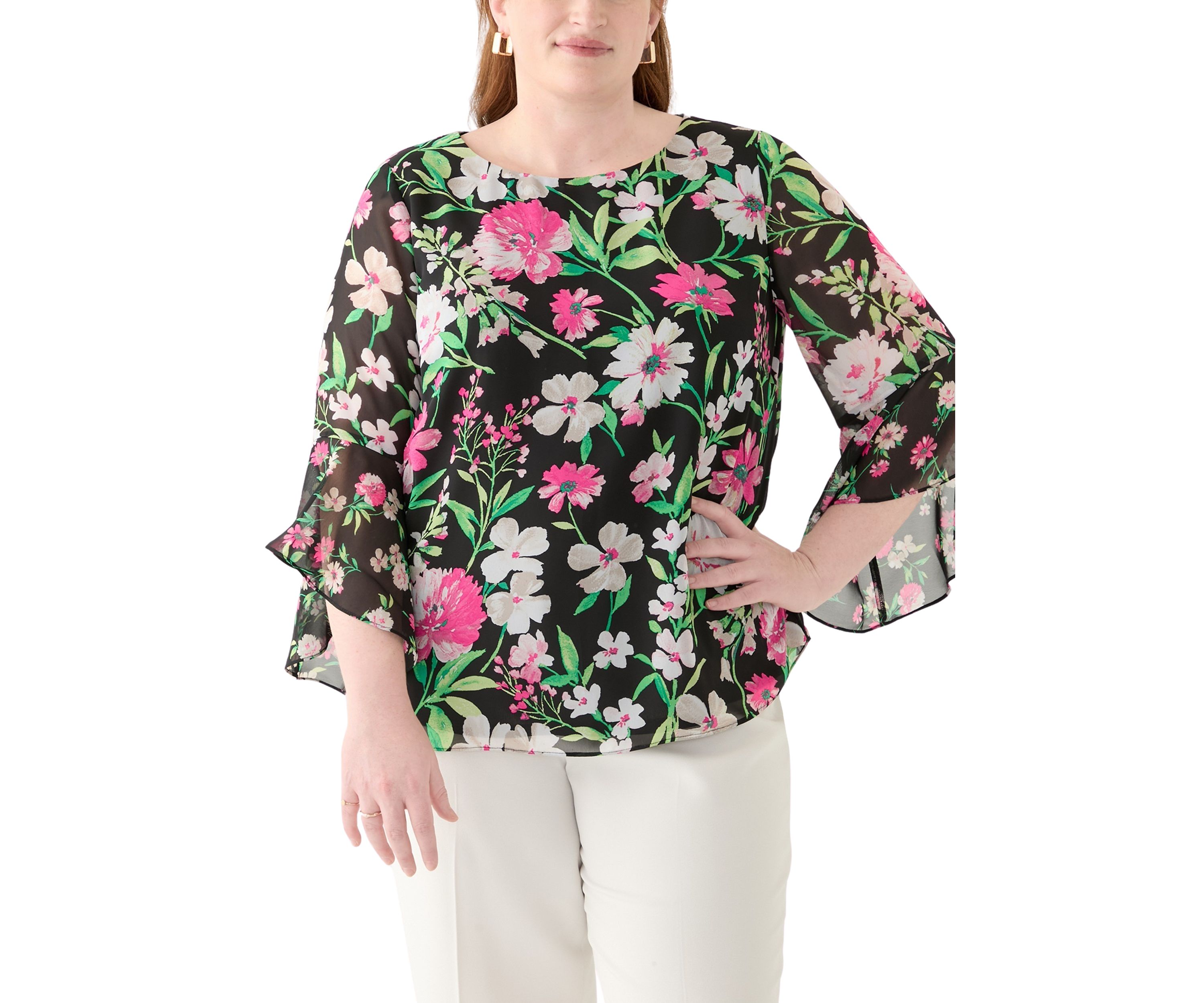 Plus Size Multi Floral Print Ruffle Sleeve Blouse 