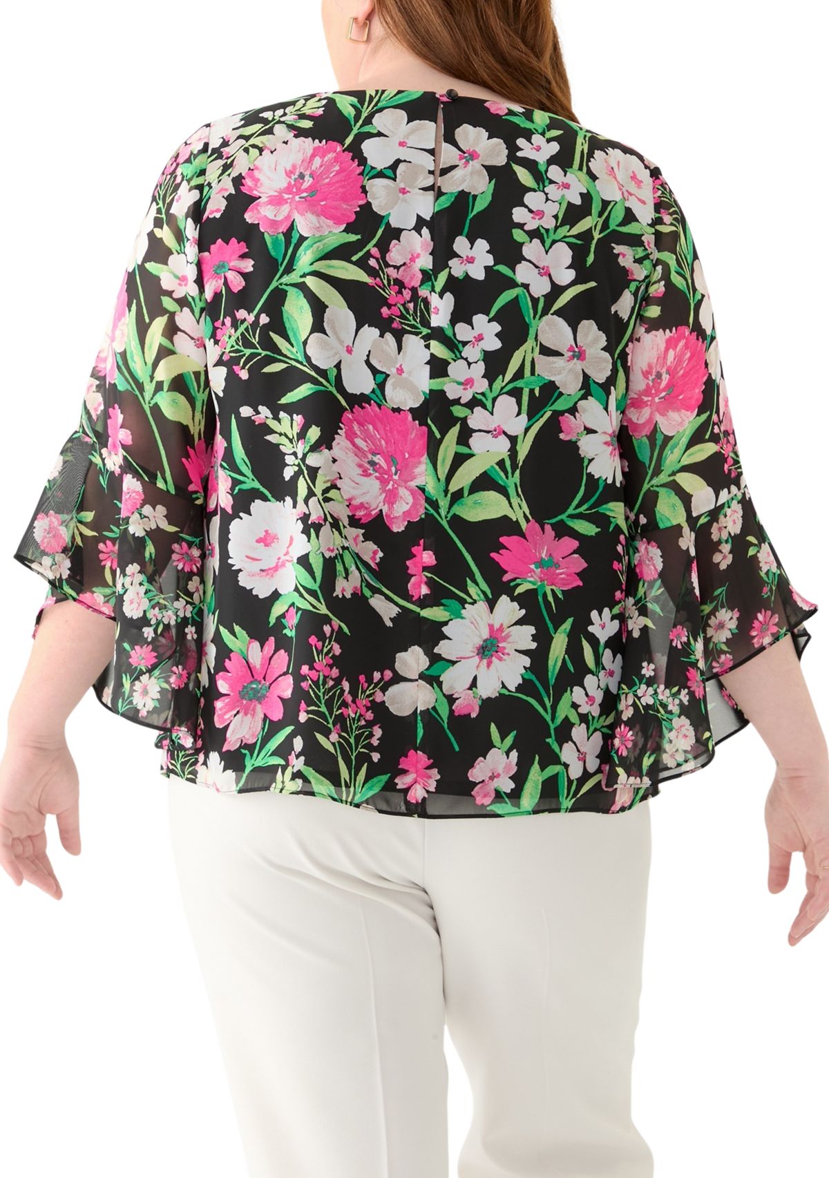 Plus Size Multi Floral Print Ruffle Sleeve Blouse 
