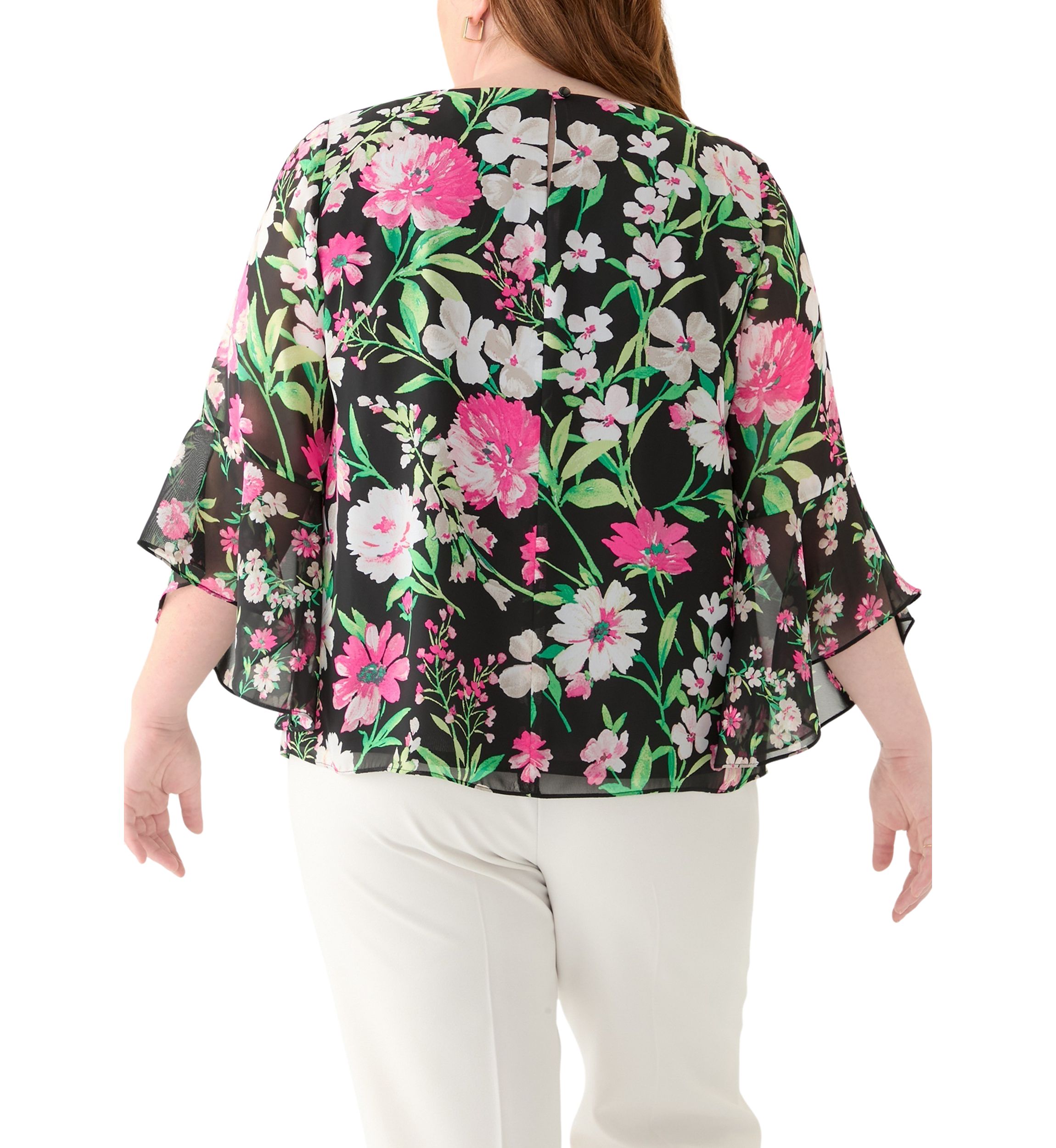Plus Size Multi Floral Print Ruffle Sleeve Blouse 