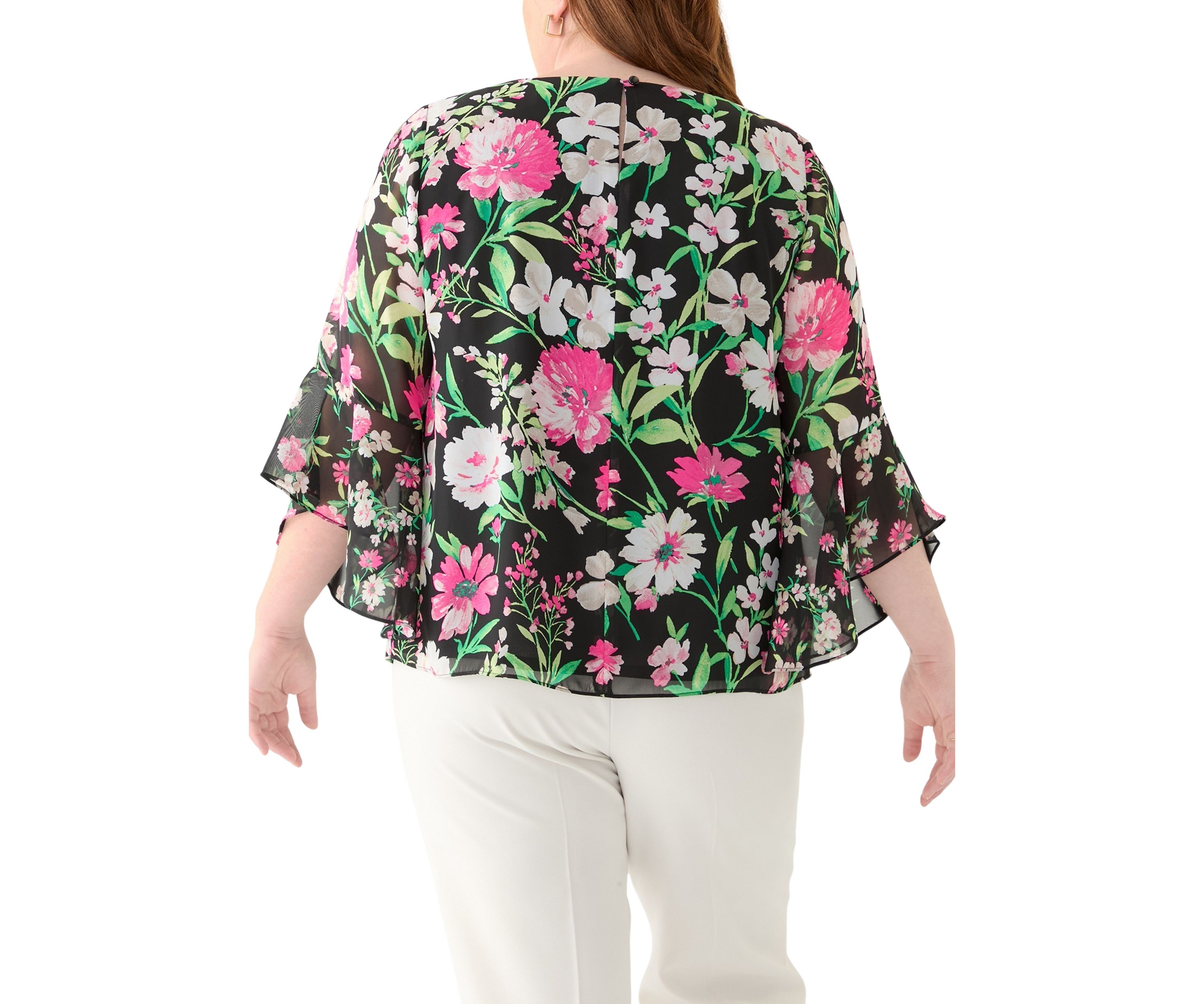 Plus Size Multi Floral Print Ruffle Sleeve Blouse 