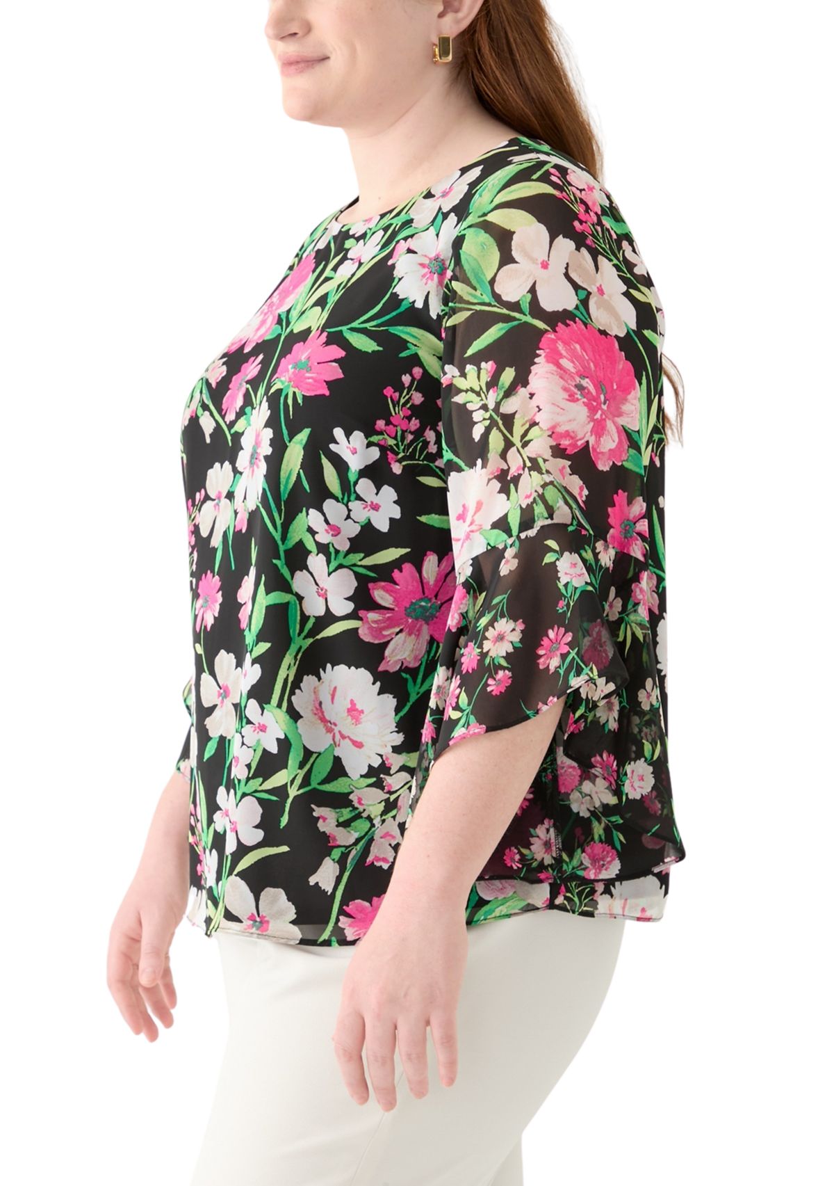 Plus Size Multi Floral Print Ruffle Sleeve Blouse 