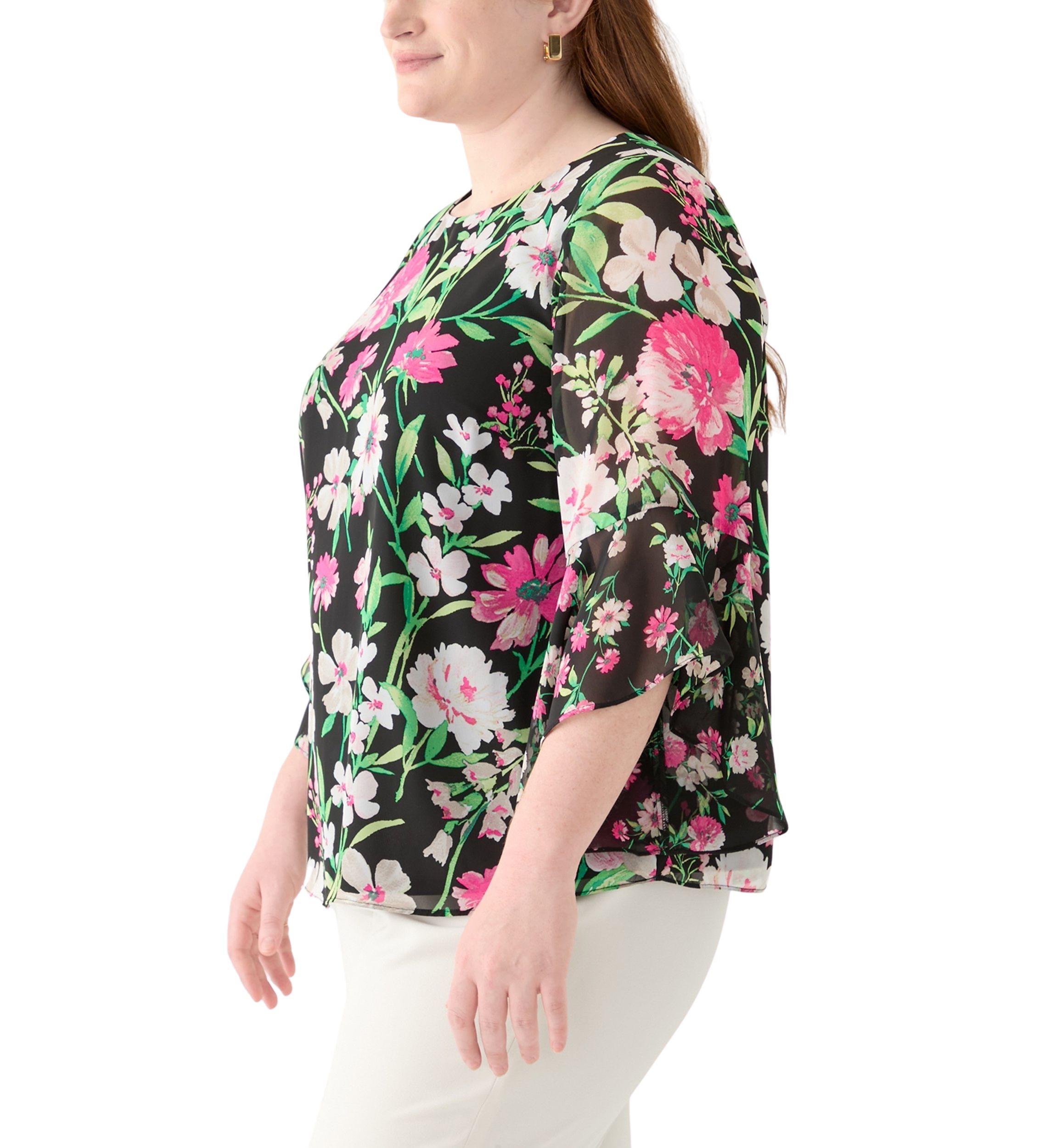 Plus Size Multi Floral Print Ruffle Sleeve Blouse 