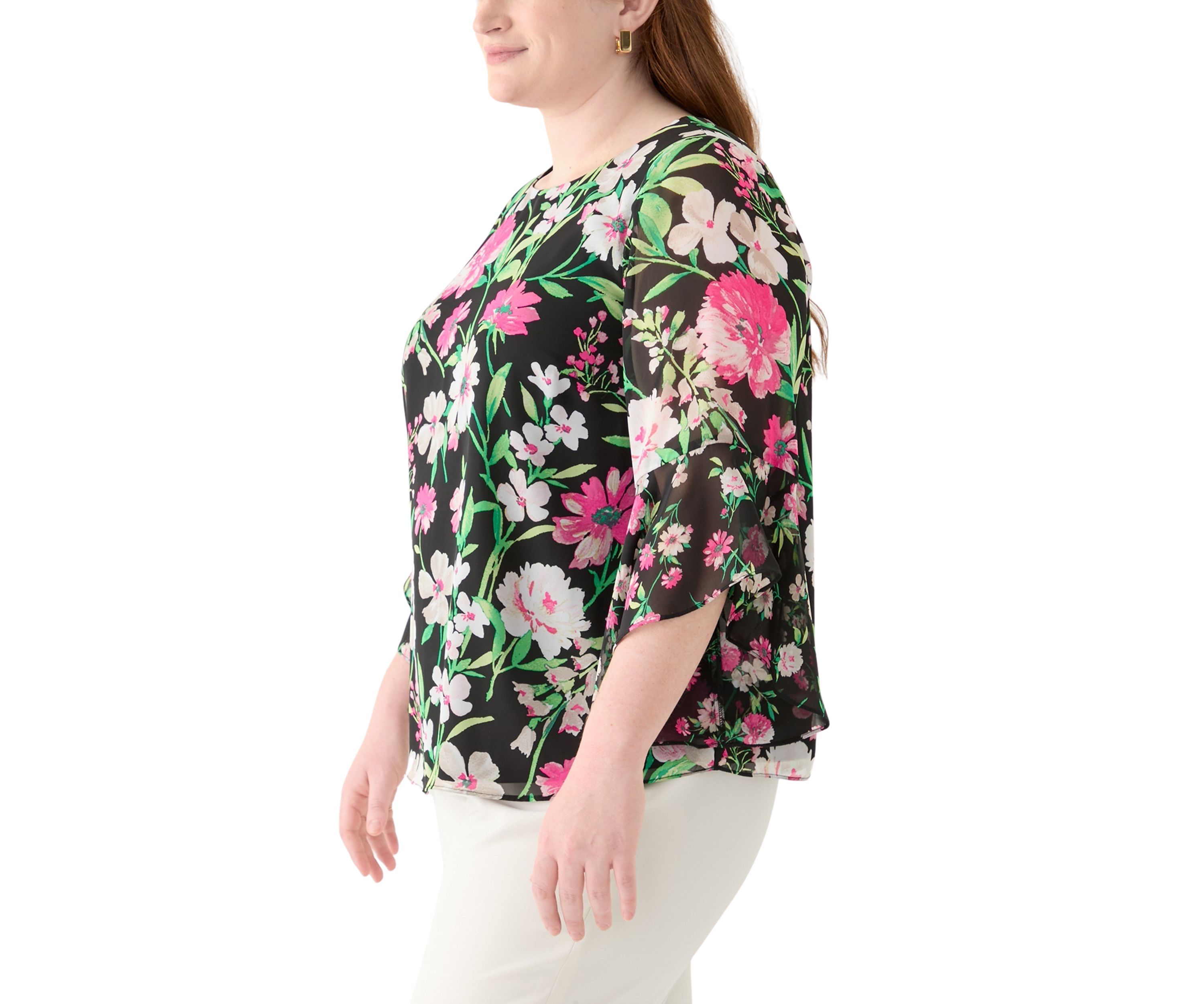 Plus Size Multi Floral Print Ruffle Sleeve Blouse 