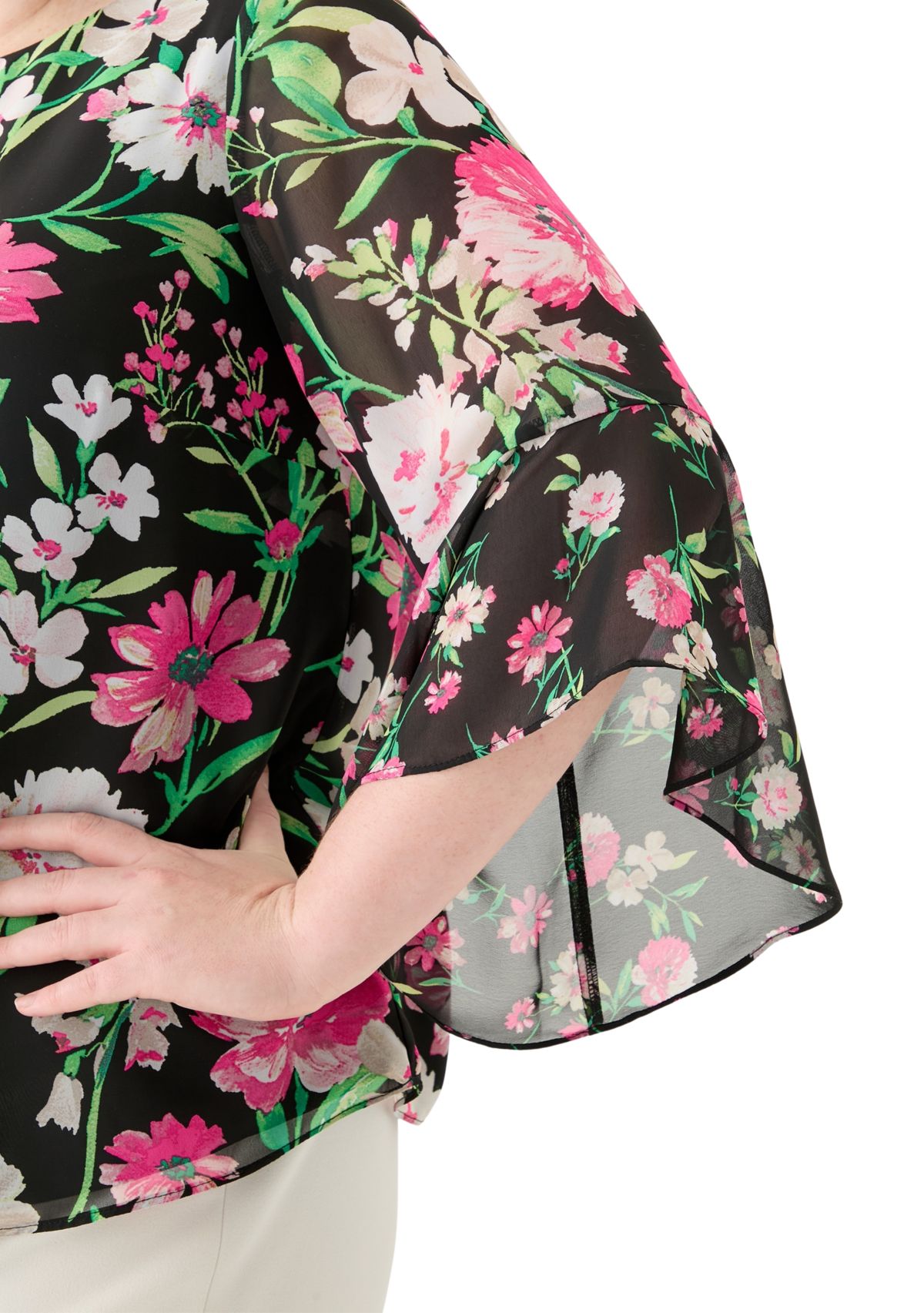 Plus Size Multi Floral Print Ruffle Sleeve Blouse 