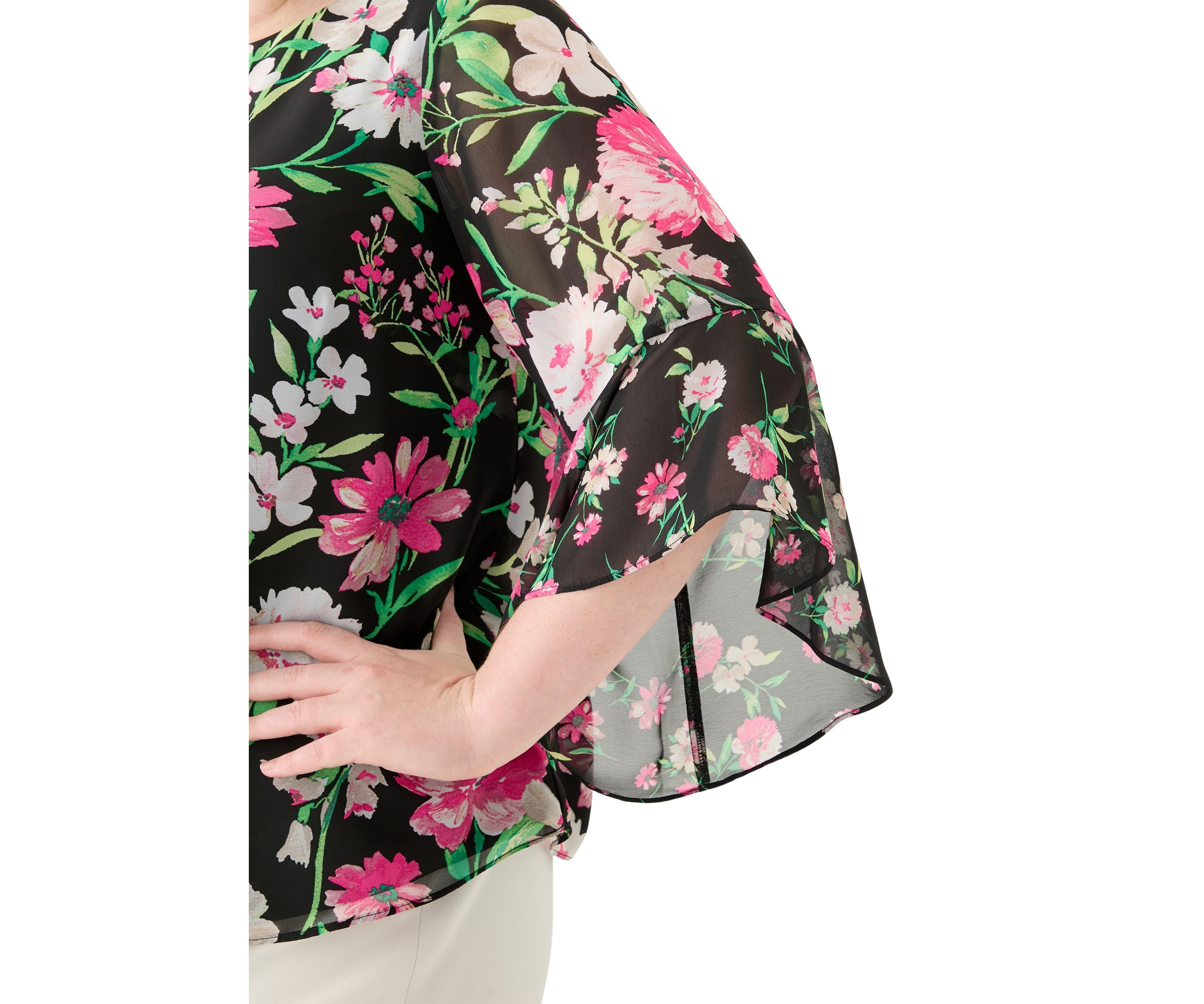 Plus Size Multi Floral Print Ruffle Sleeve Blouse 