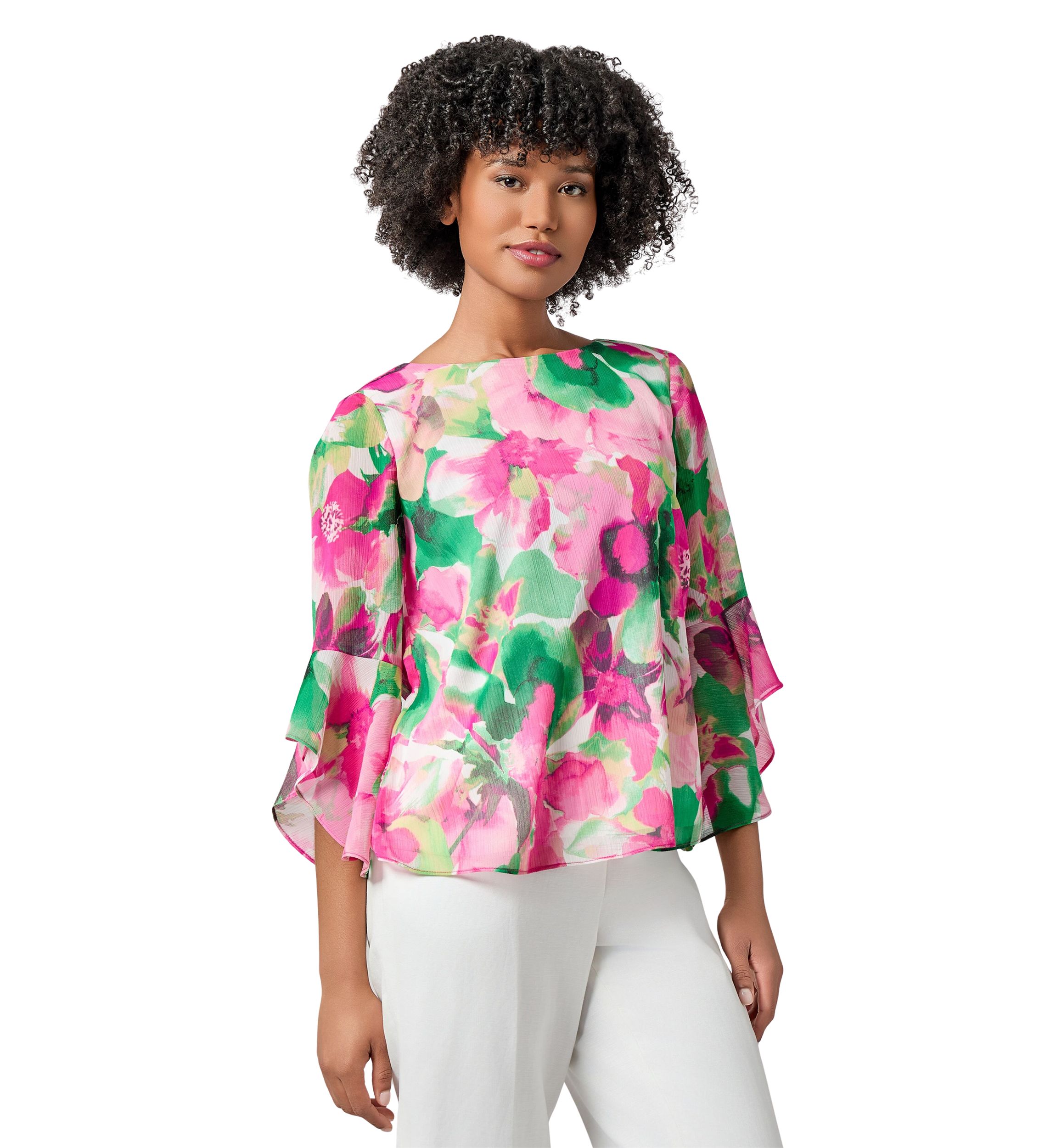 Womens Watercolor Floral Printed Ruffle Sleeve Blouse
