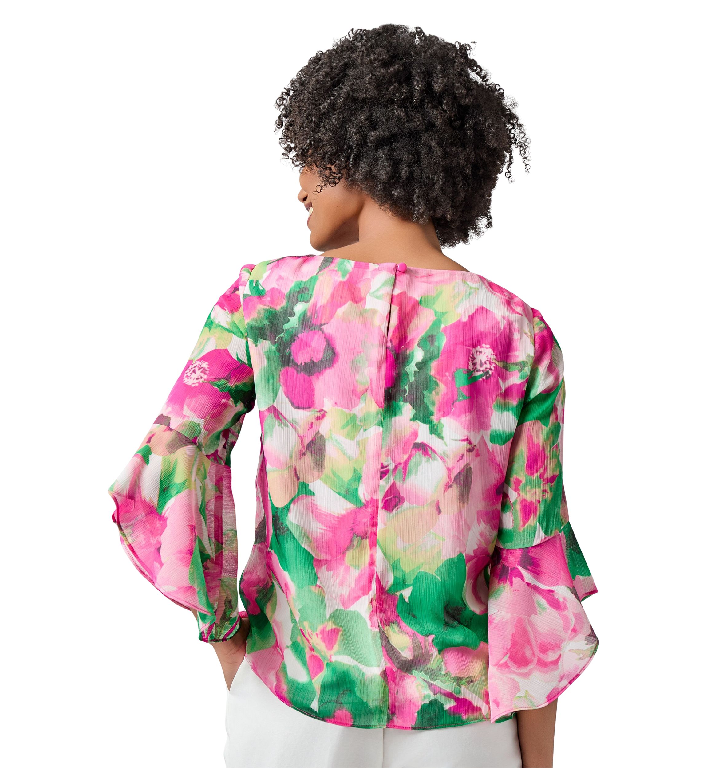 Womens Watercolor Floral Printed Ruffle Sleeve Blouse