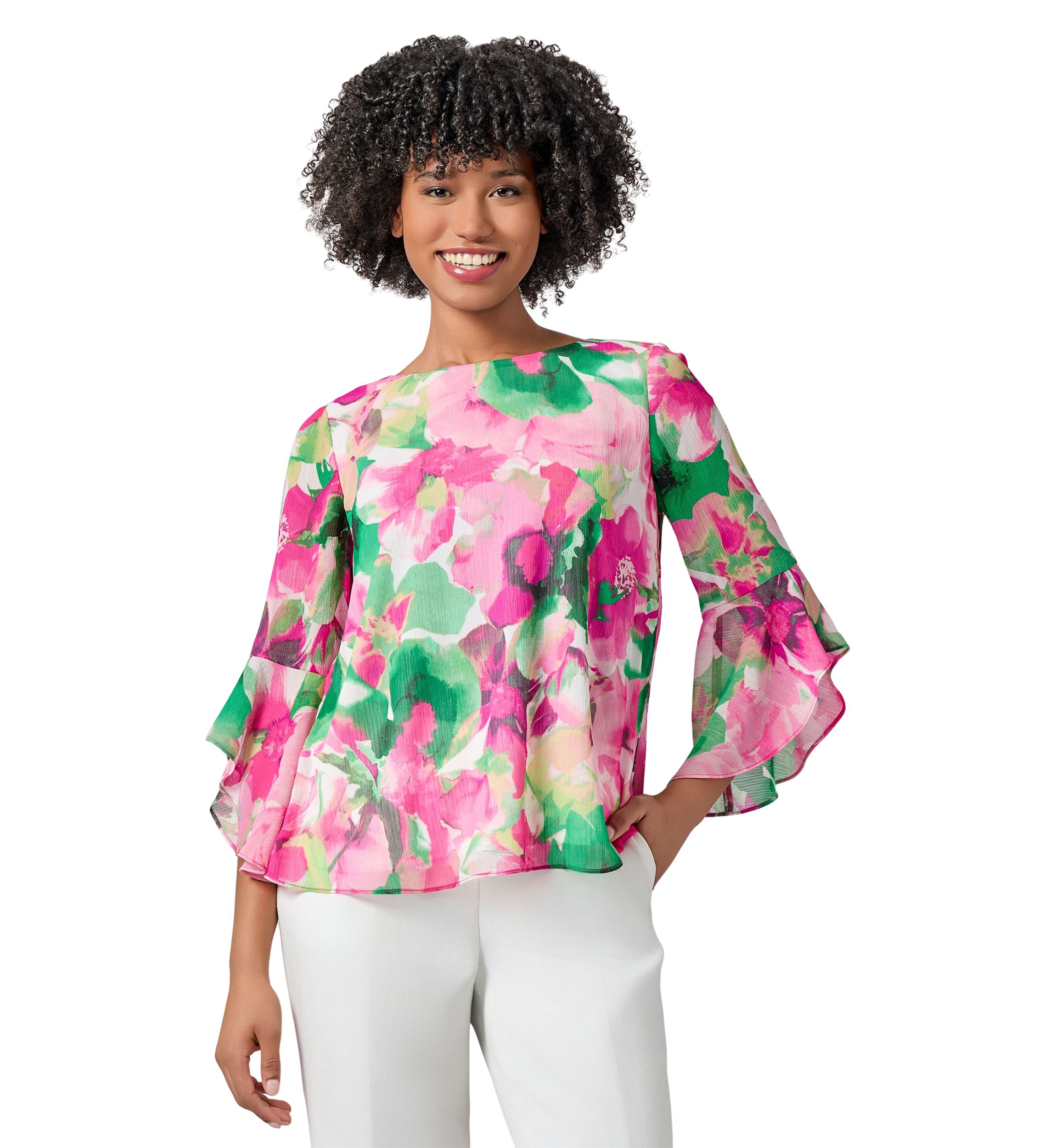 Womens Watercolor Floral Printed Ruffle Sleeve Blouse