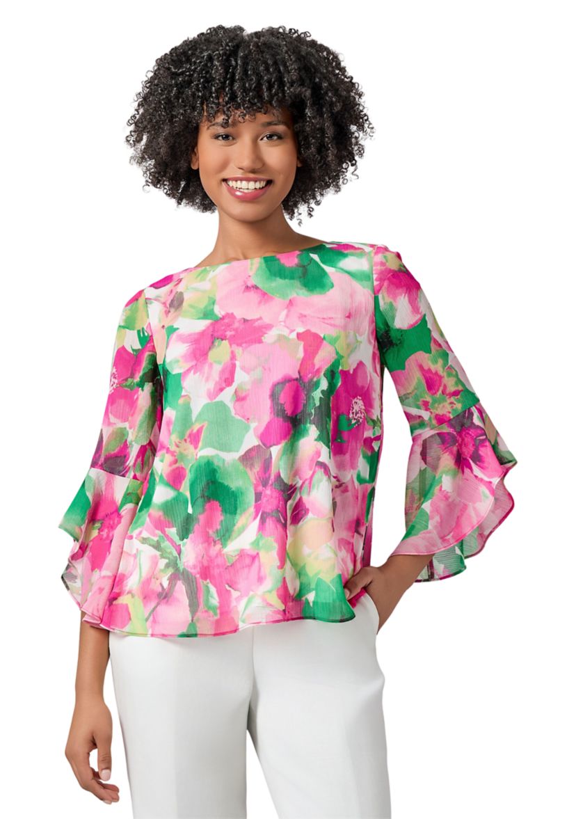 Womens Watercolor Floral Printed Ruffle Sleeve Blouse