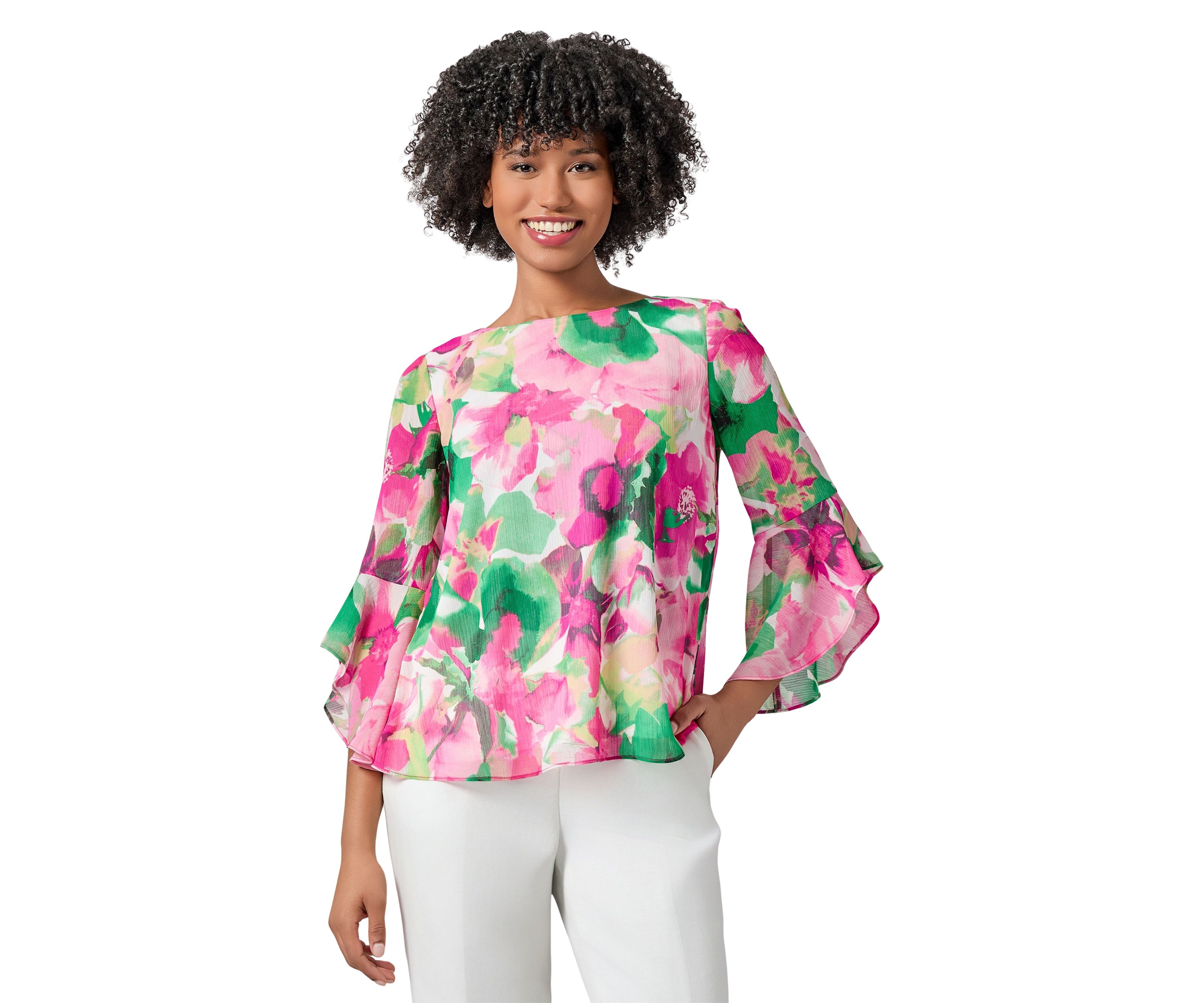 Petite Watercolor Floral Printed Ruffle Sleeve Blouse