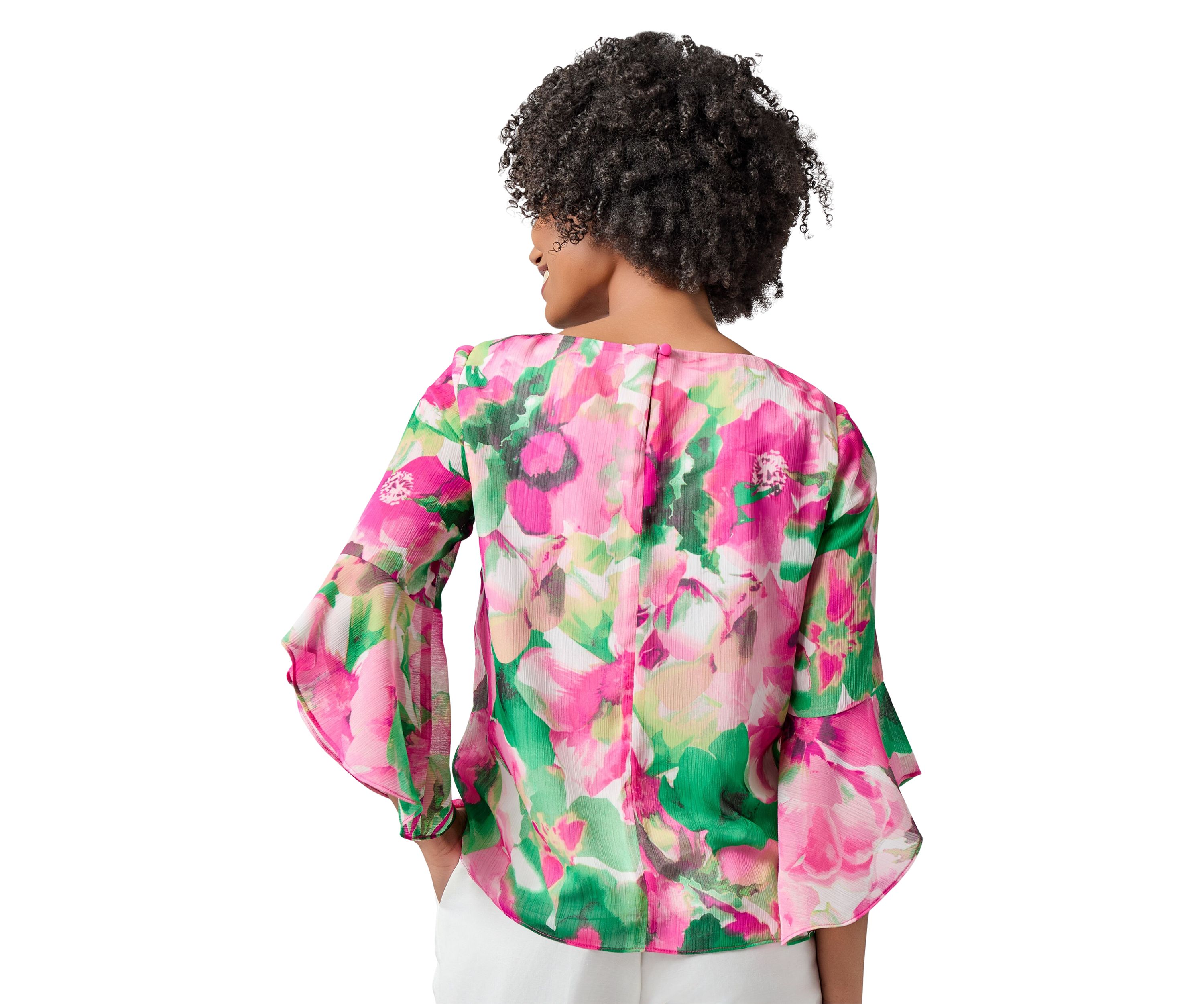 Petite Watercolor Floral Printed Ruffle Sleeve Blouse