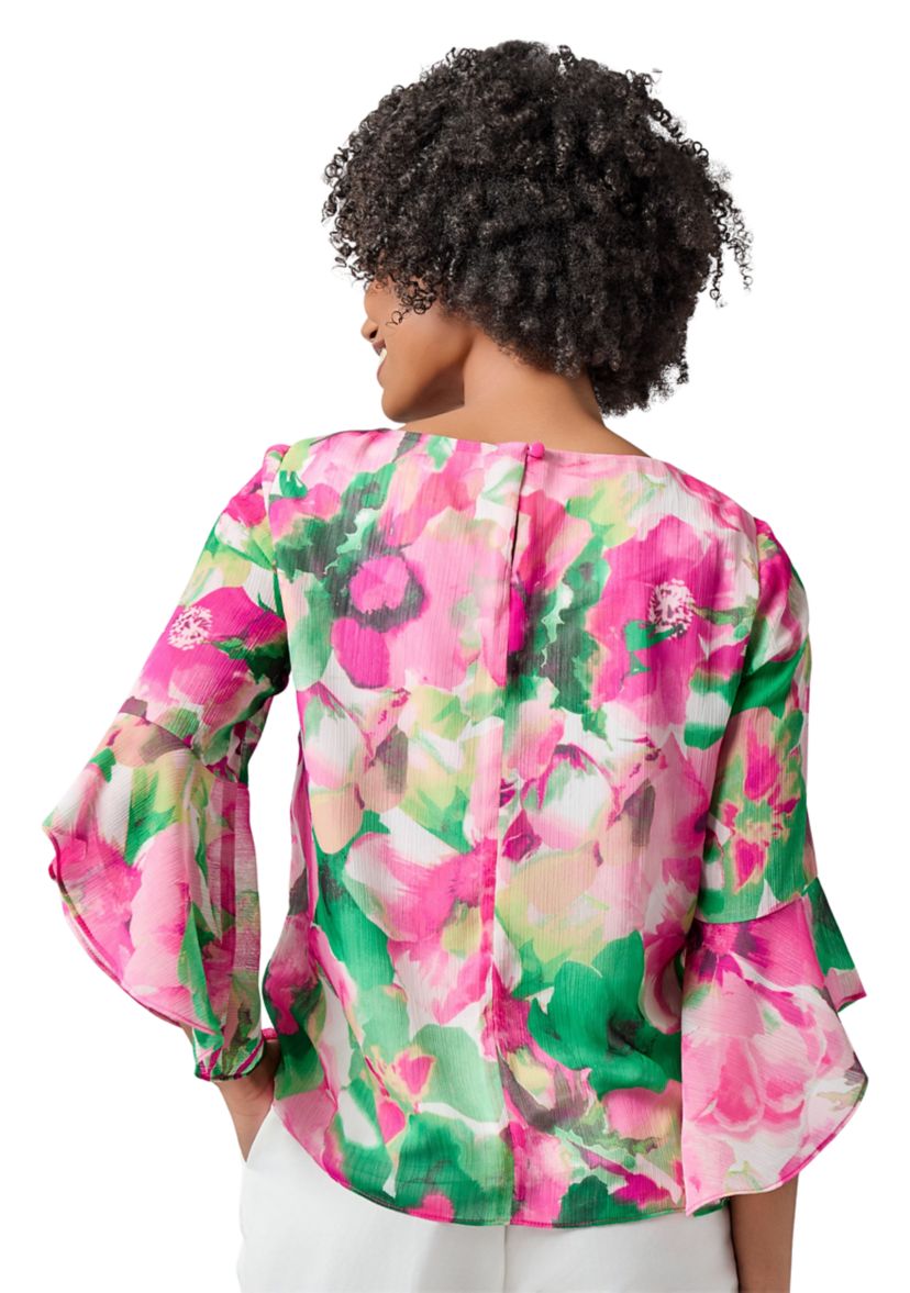 Petite Watercolor Floral Printed Ruffle Sleeve Blouse