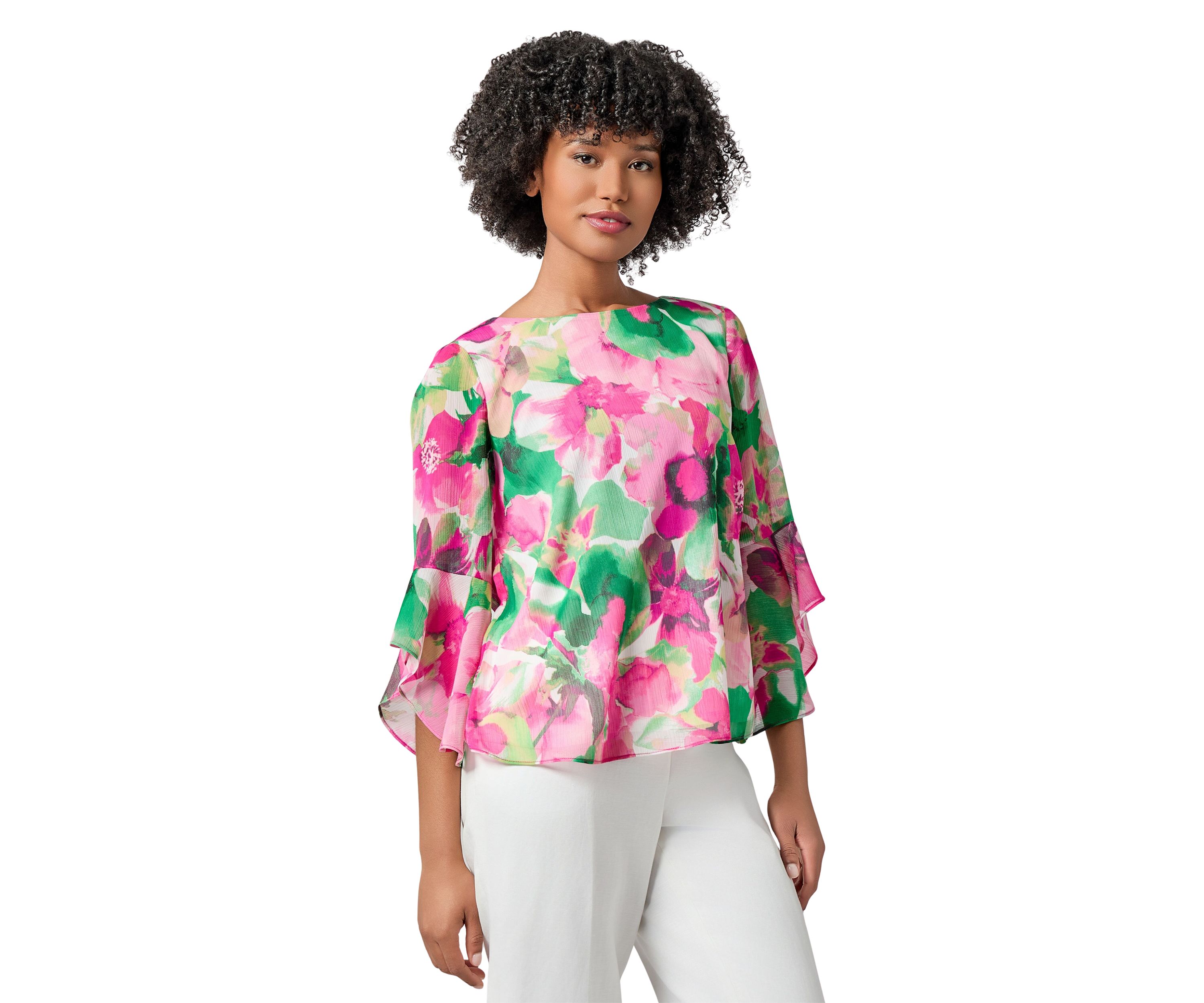 Petite Watercolor Floral Printed Ruffle Sleeve Blouse