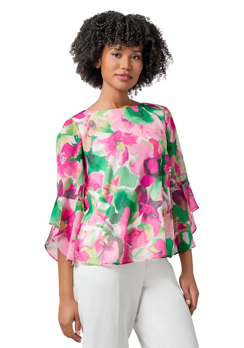 Petite Watercolor Floral Printed Ruffle Sleeve Blouse