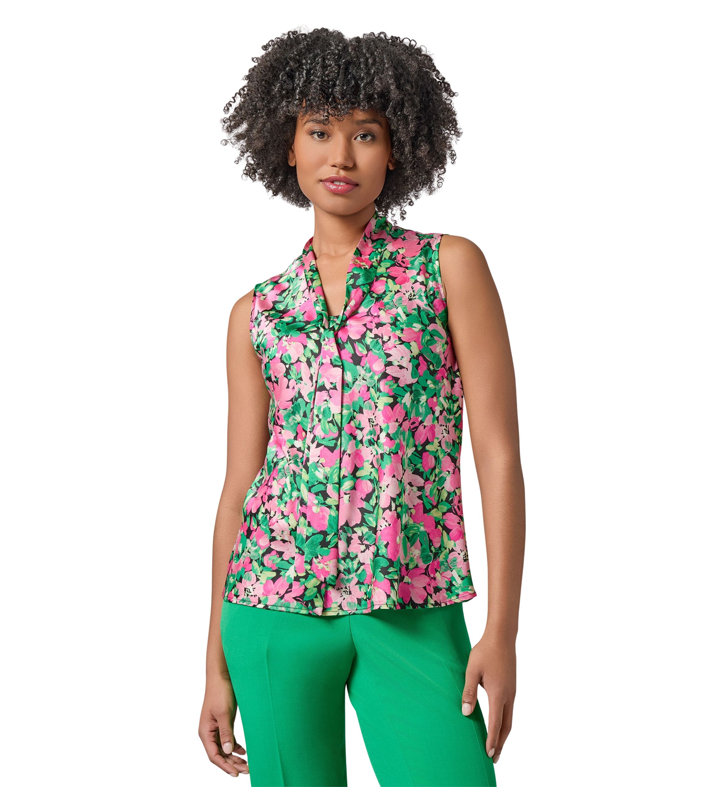 Womens Floral Printed Sleeveless Tie Neck Blouse