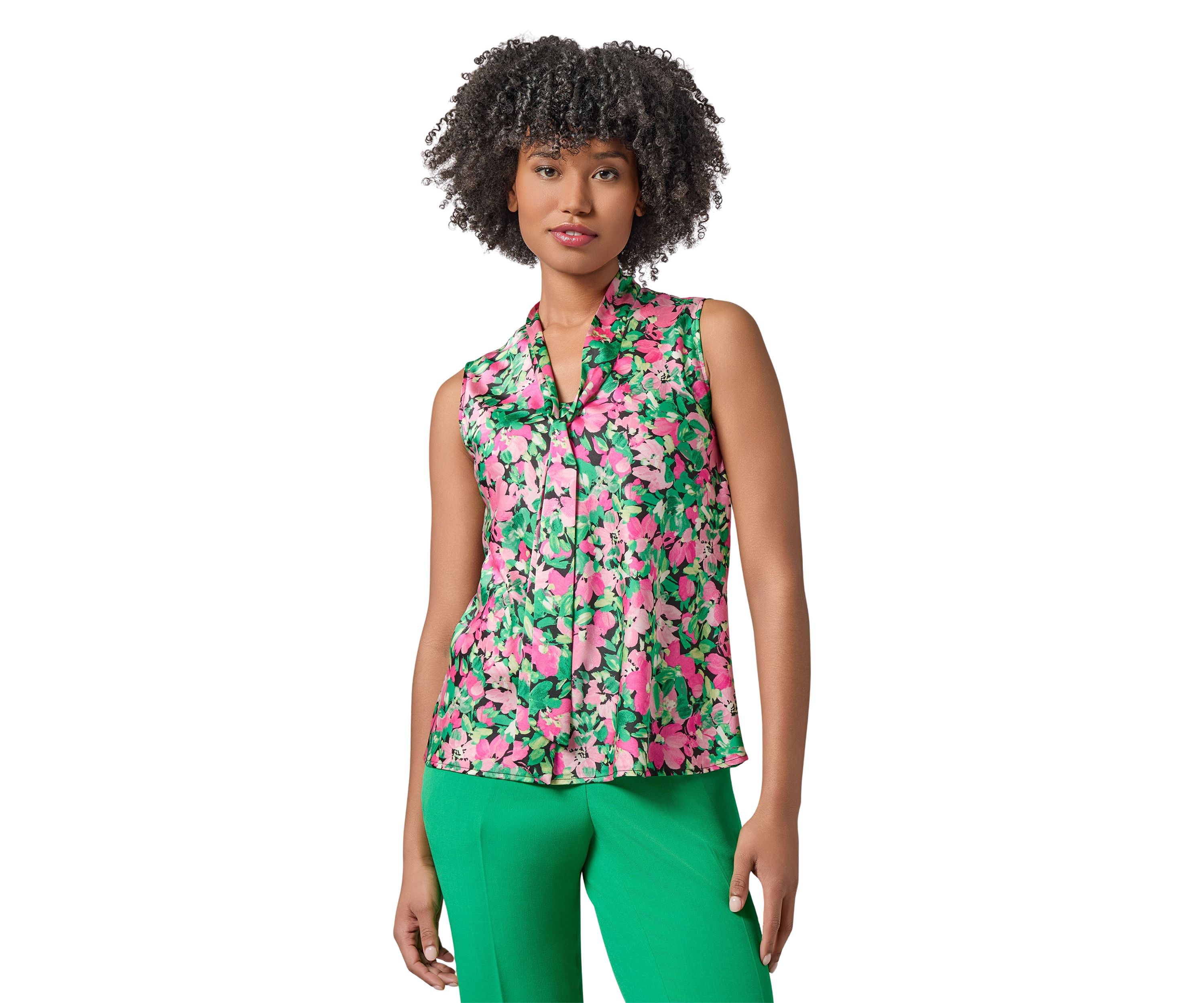 Womens Floral Printed Sleeveless Tie Neck Blouse