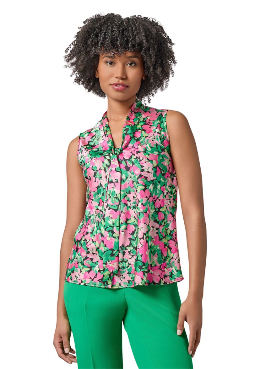 Womens Floral Printed Sleeveless Tie Neck Blouse