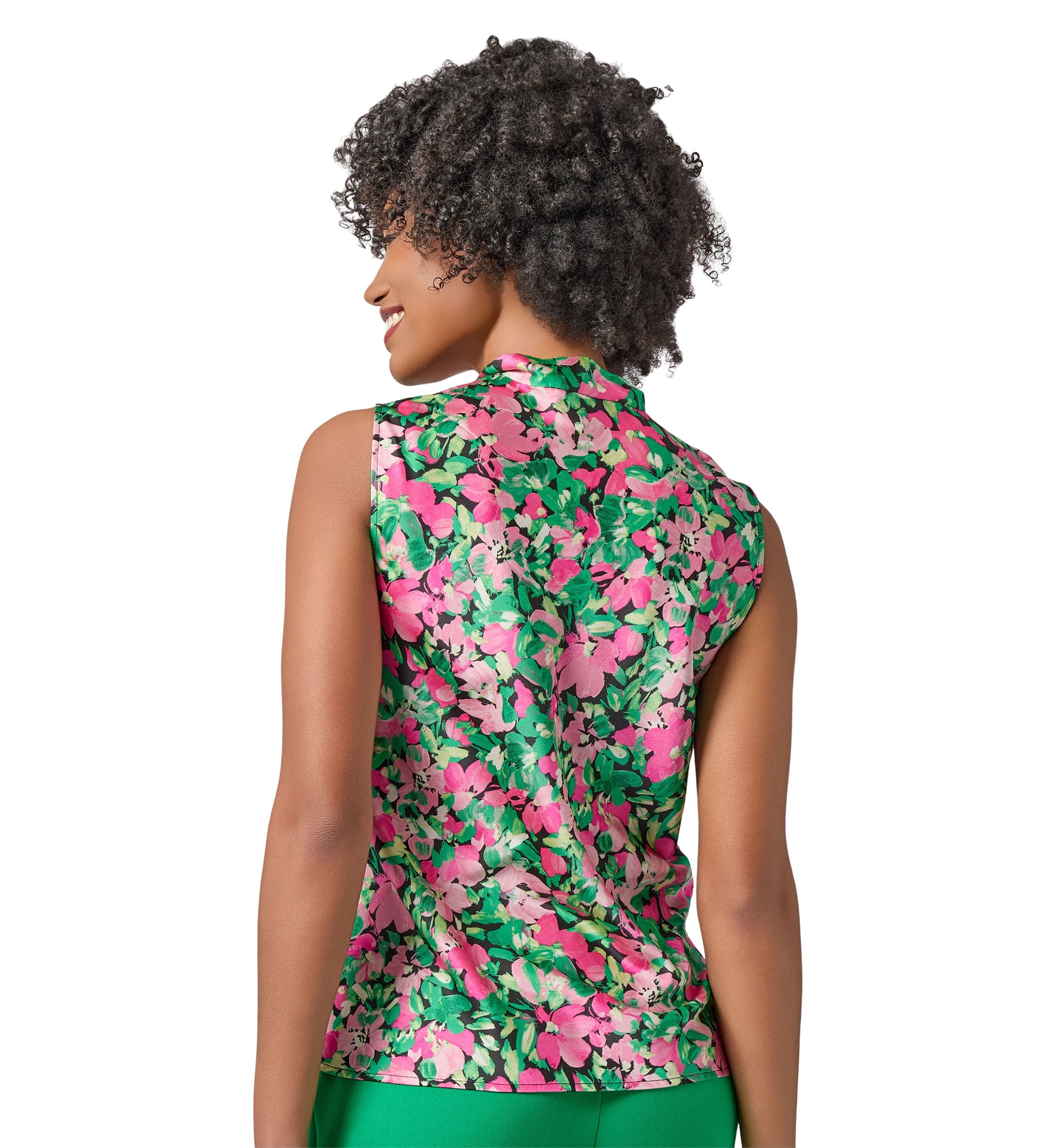 Womens Floral Printed Sleeveless Tie Neck Blouse