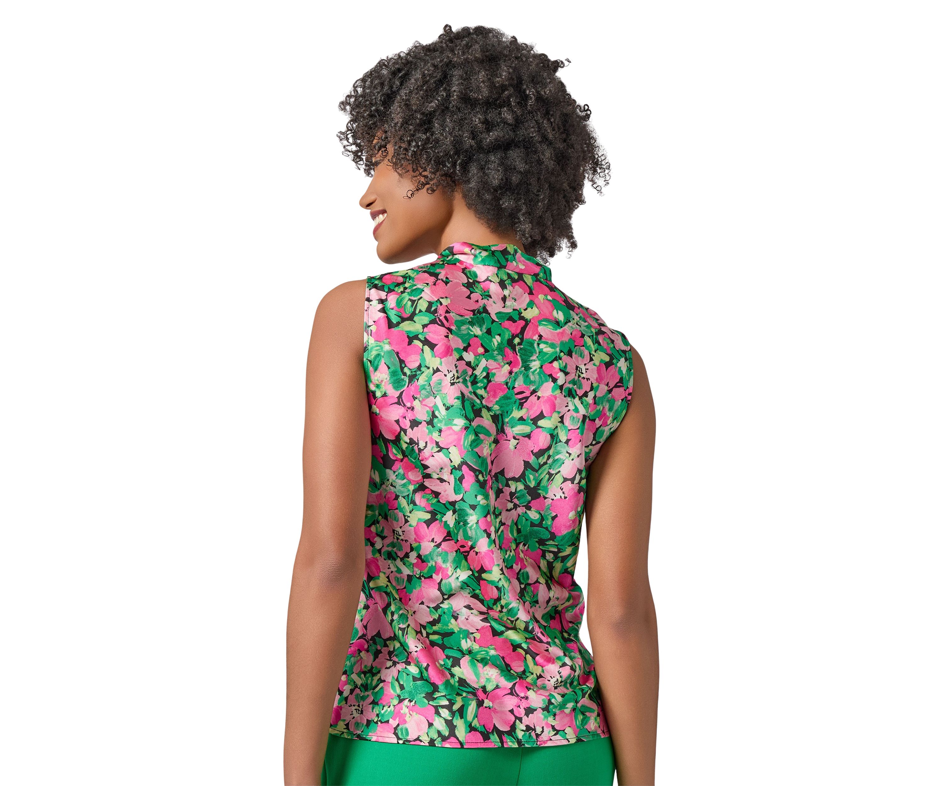 Womens Floral Printed Sleeveless Tie Neck Blouse