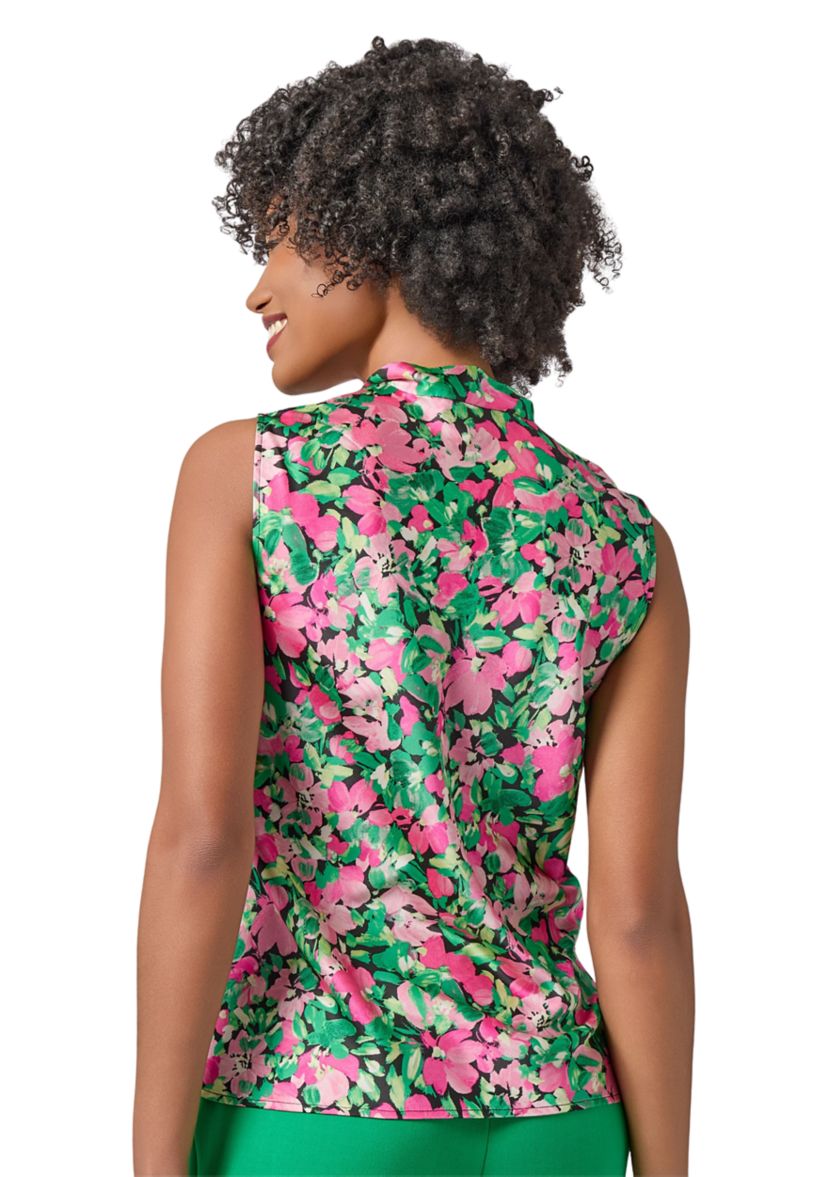Womens Floral Printed Sleeveless Tie Neck Blouse