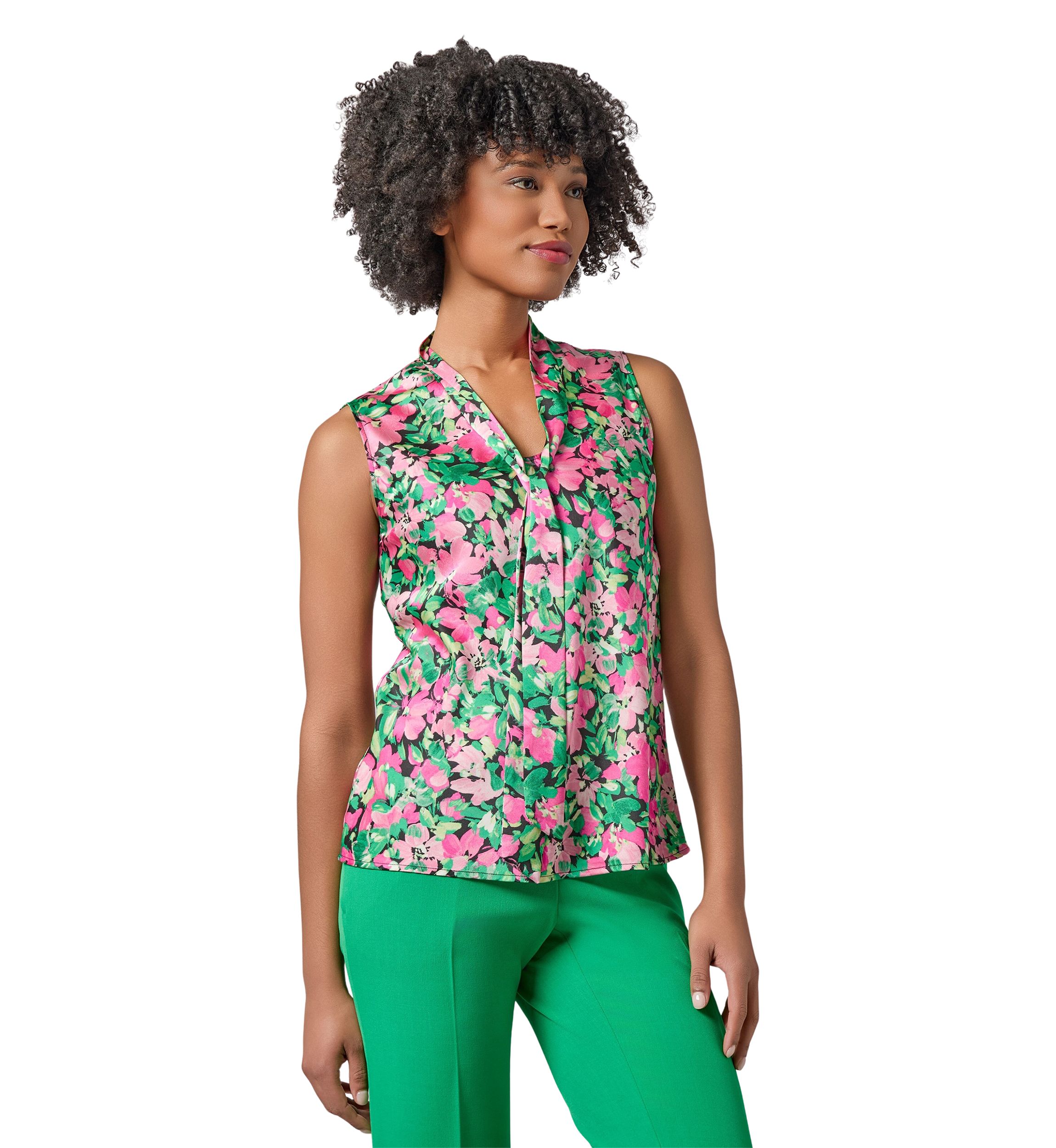 Womens Floral Printed Sleeveless Tie Neck Blouse