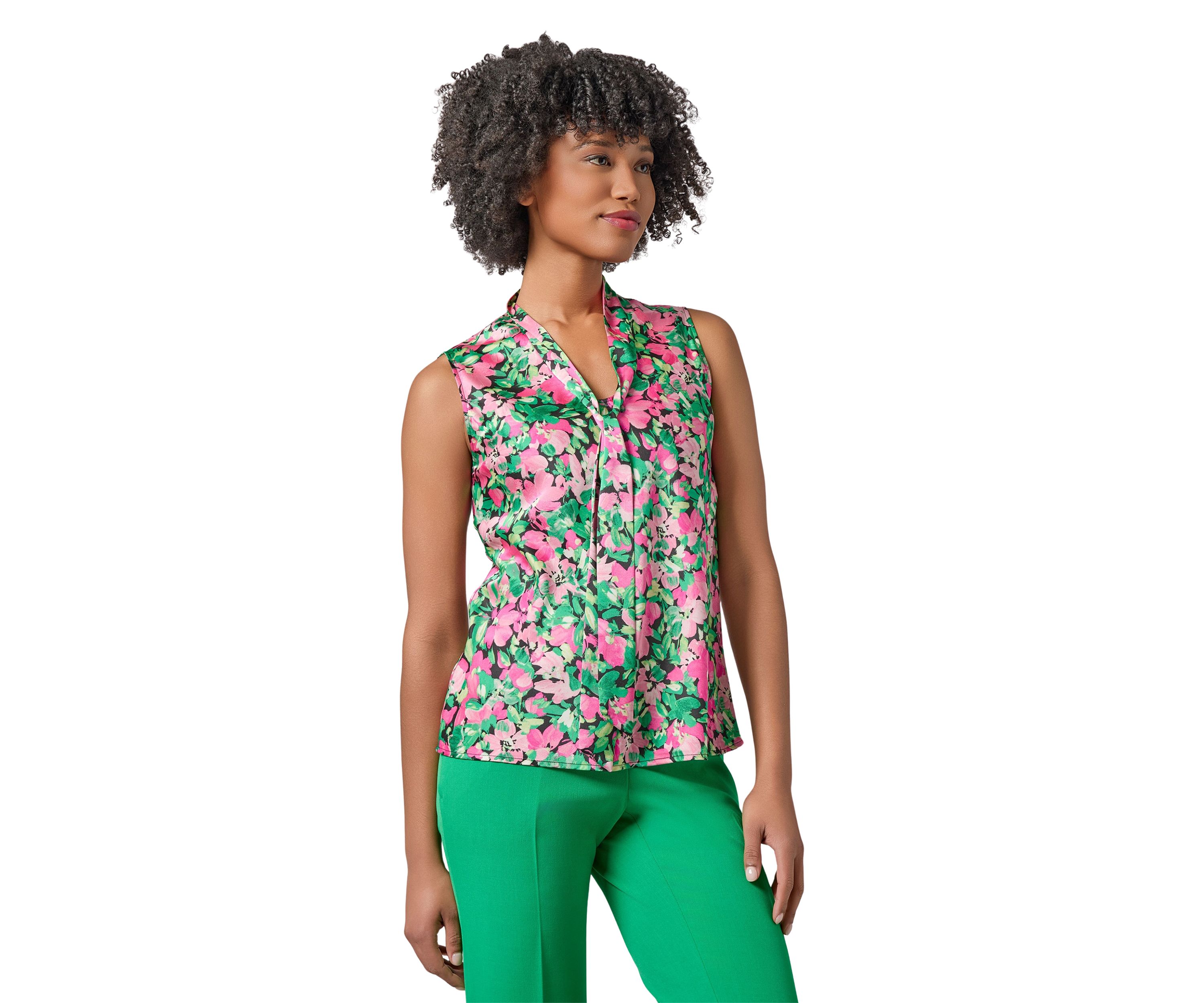 Womens Floral Printed Sleeveless Tie Neck Blouse