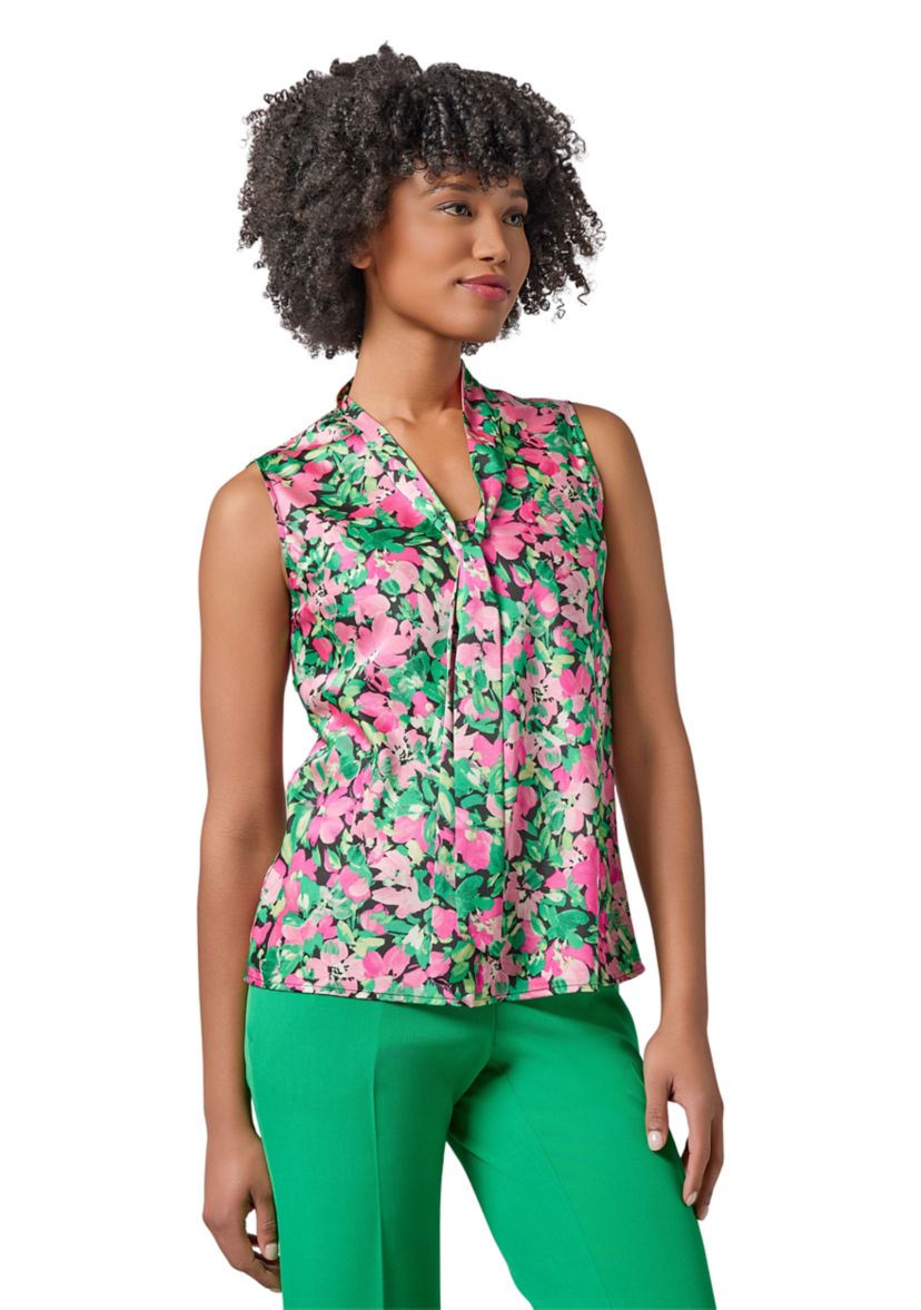 Womens Floral Printed Sleeveless Tie Neck Blouse