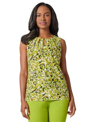 Kasper Women's Multi Print Sleeveless Pleat Neck Knit Top with Hardware