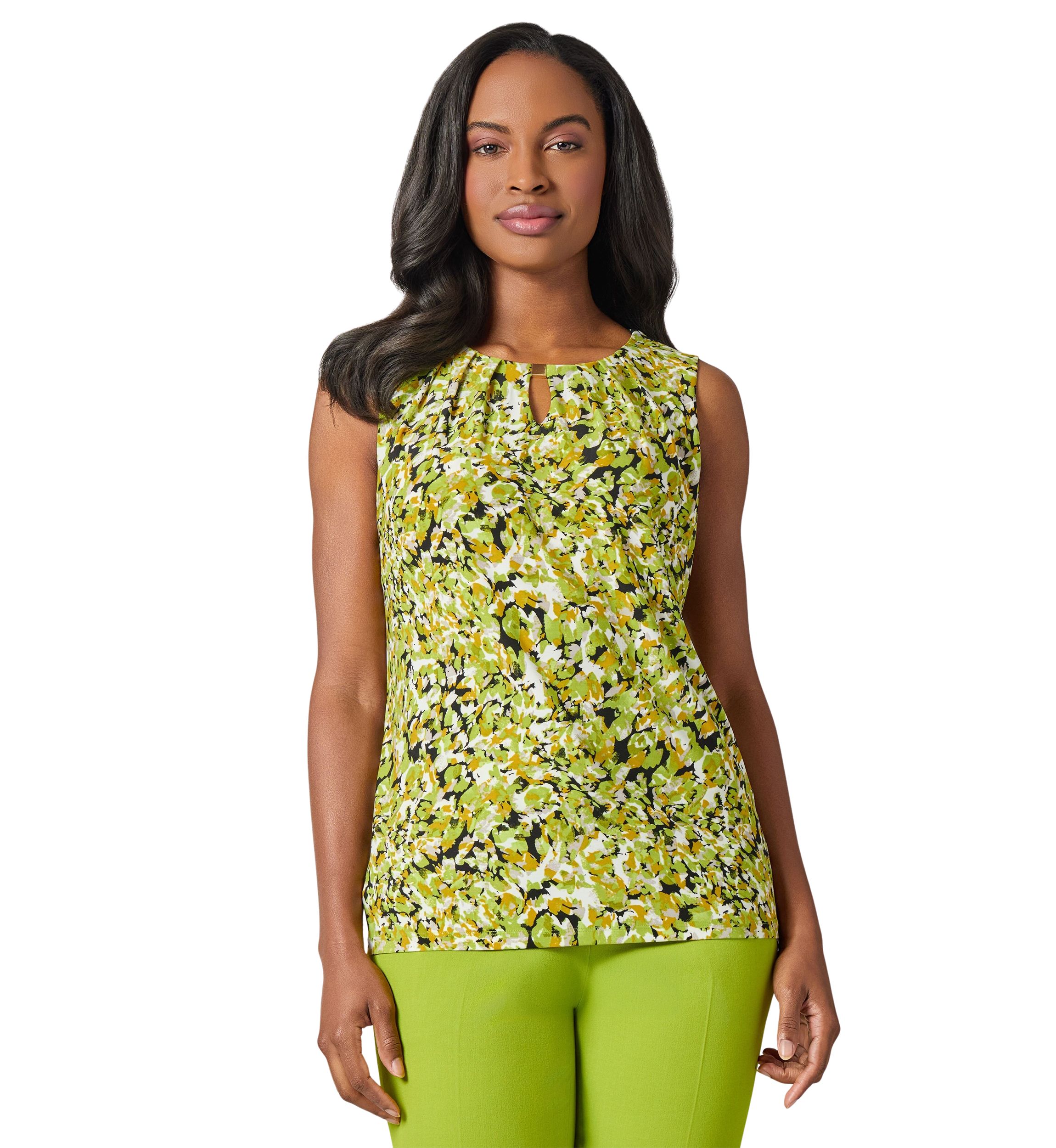 Womens Multi Print Sleeveless Pleat Neck Knit Top with Hardware 