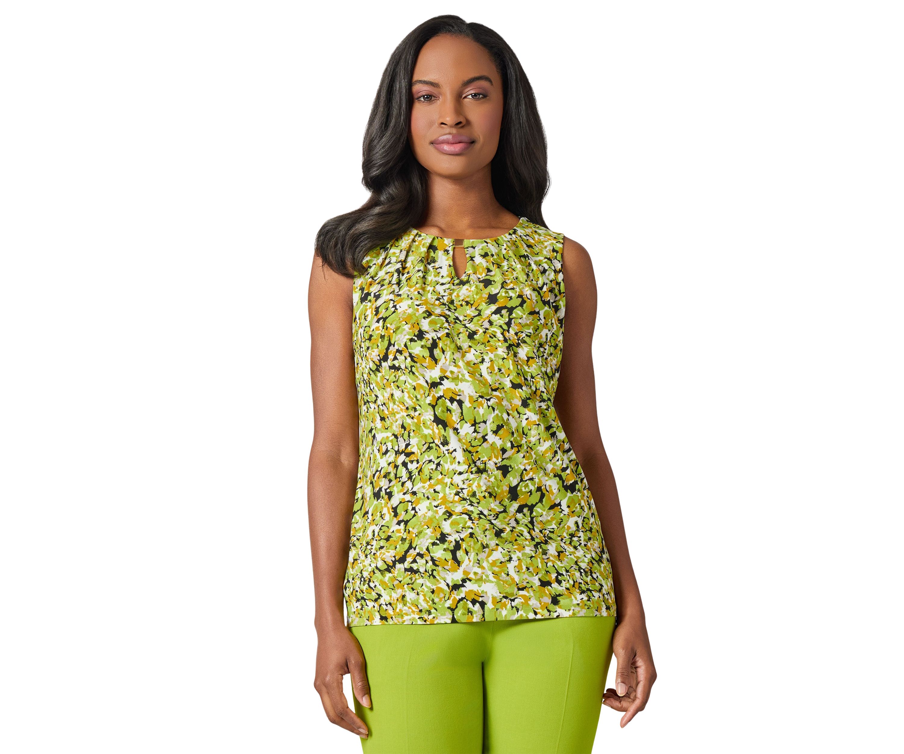 Petite Multi Print Sleeveless Pleat Neck Knit Top with Hardware 