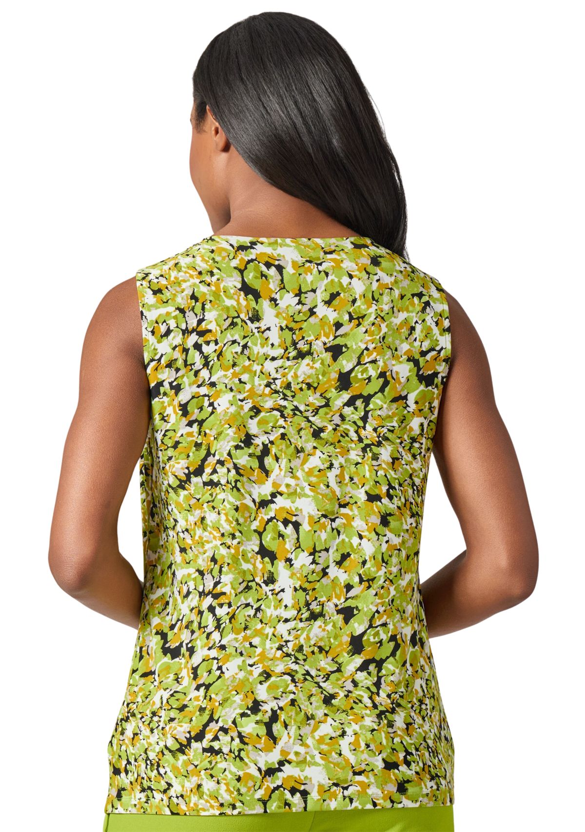 Petite Multi Print Sleeveless Pleat Neck Knit Top with Hardware 