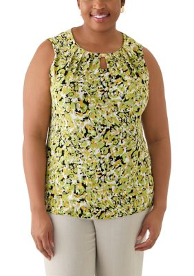 Kasper Women's Plus Size Multi Print Sleeveless Pleat Neck Knit Top with Hardware