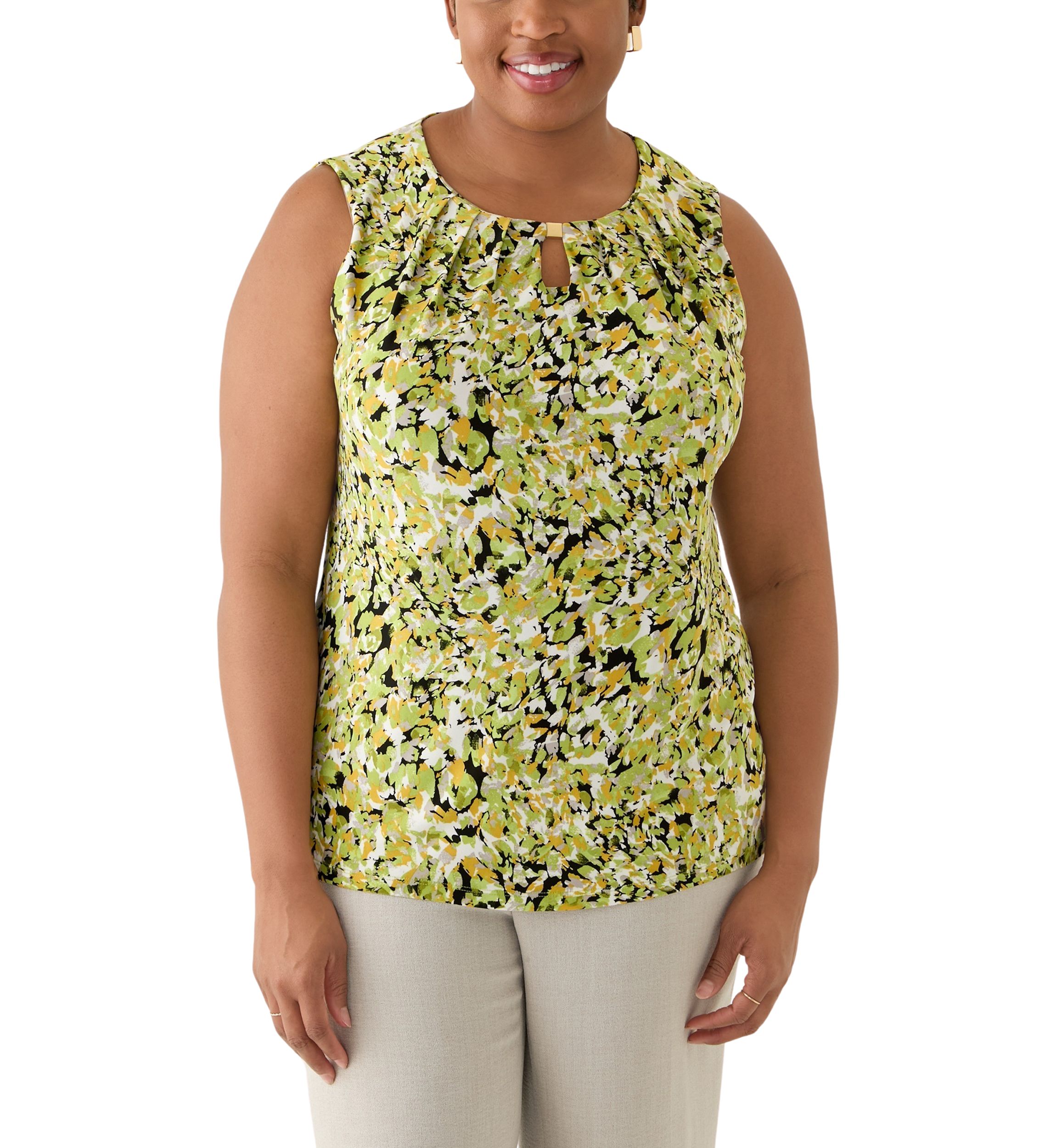 Plus Size Multi Print Sleeveless Pleat Neck Knit Top with Hardware 