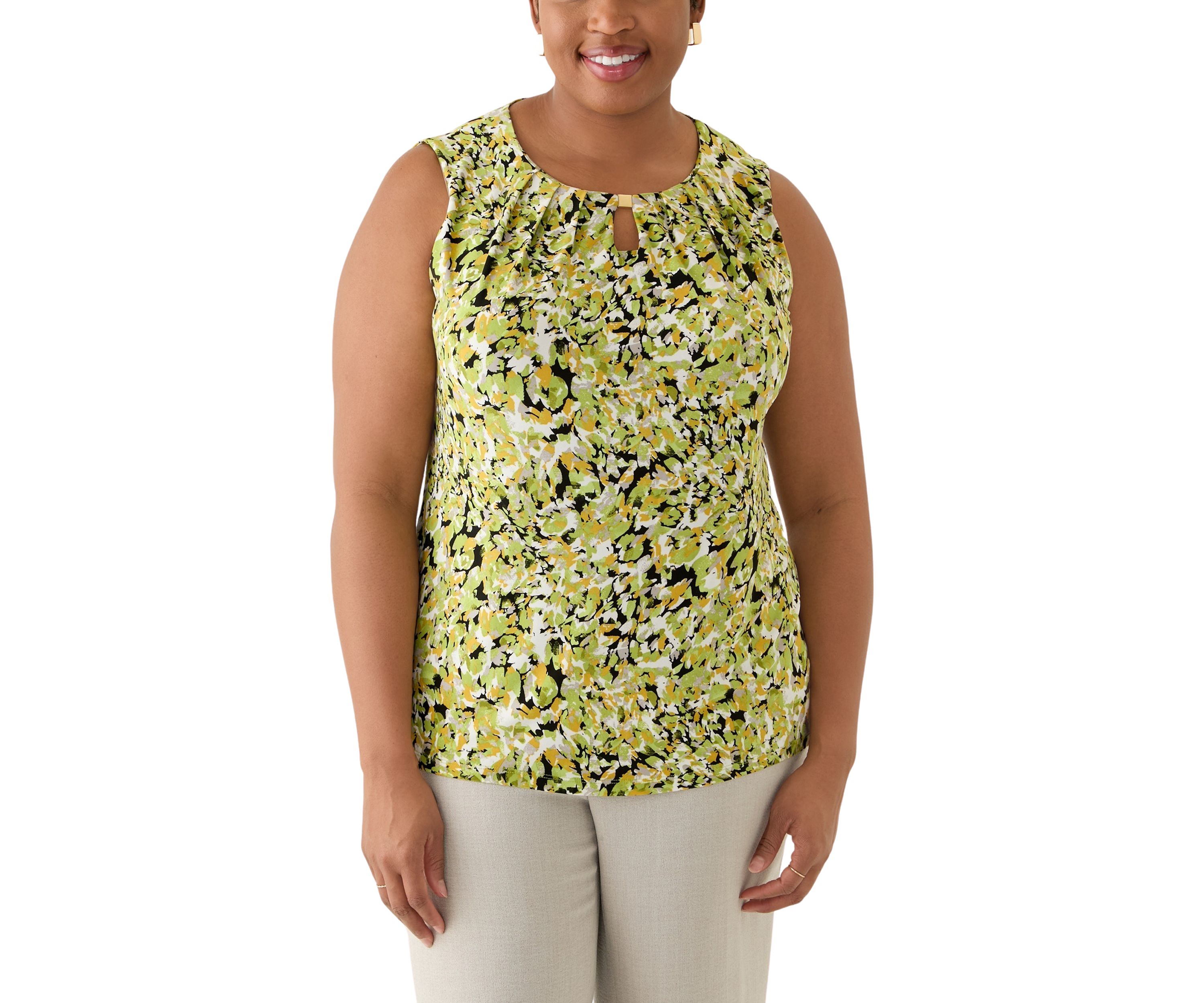 Plus Size Multi Print Sleeveless Pleat Neck Knit Top with Hardware 